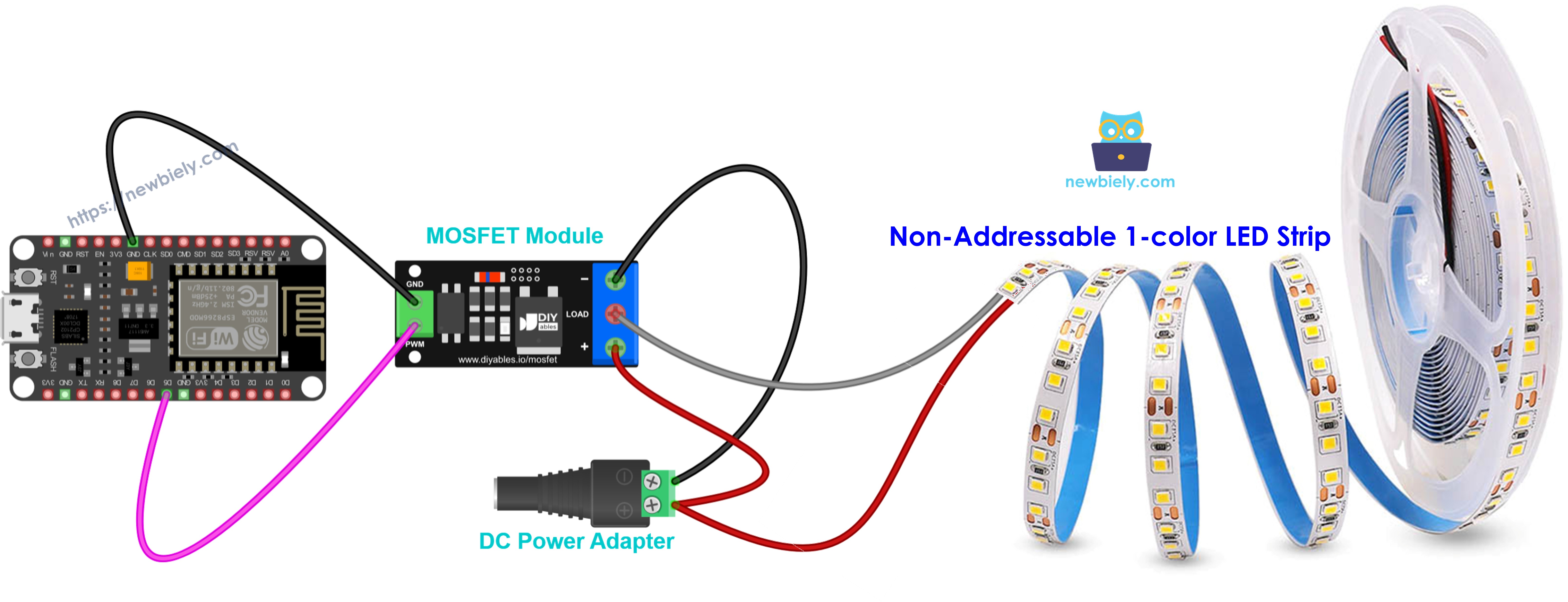 The wiring diagram between MOSFET module for a single color 12V LED strip