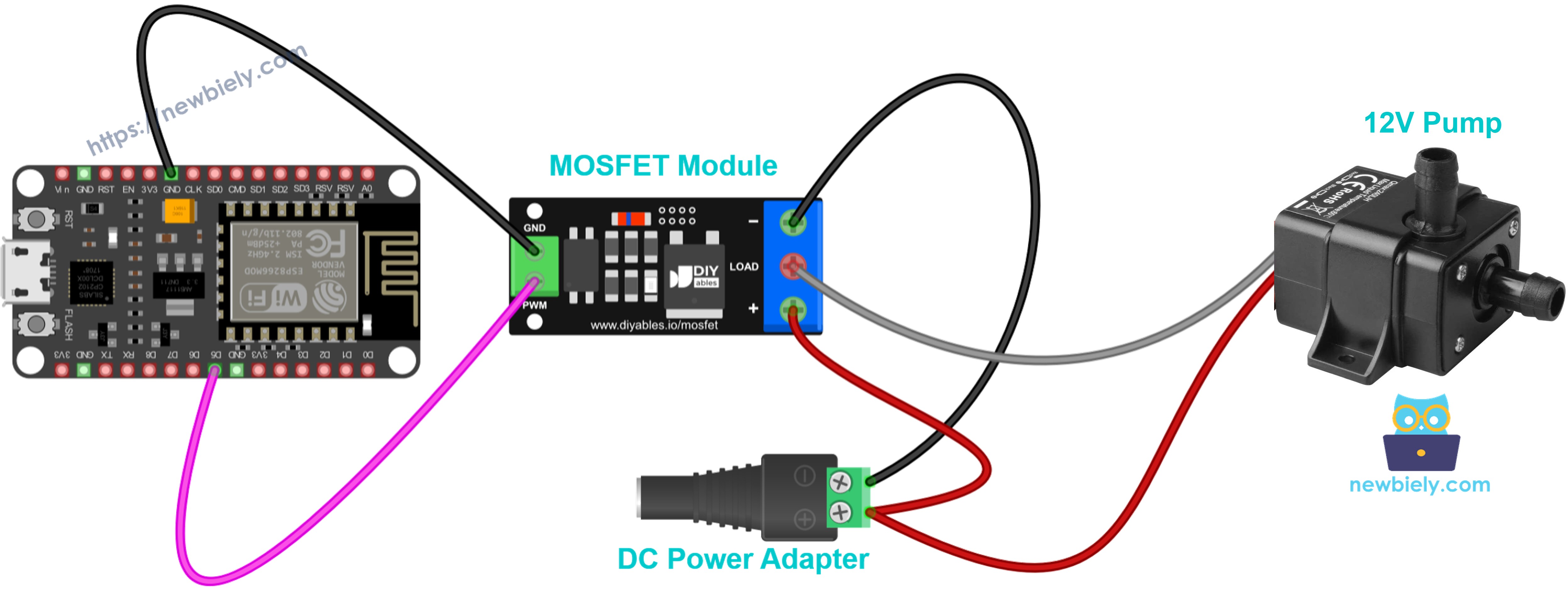 The wiring diagram between MOSFET module 12V water pump