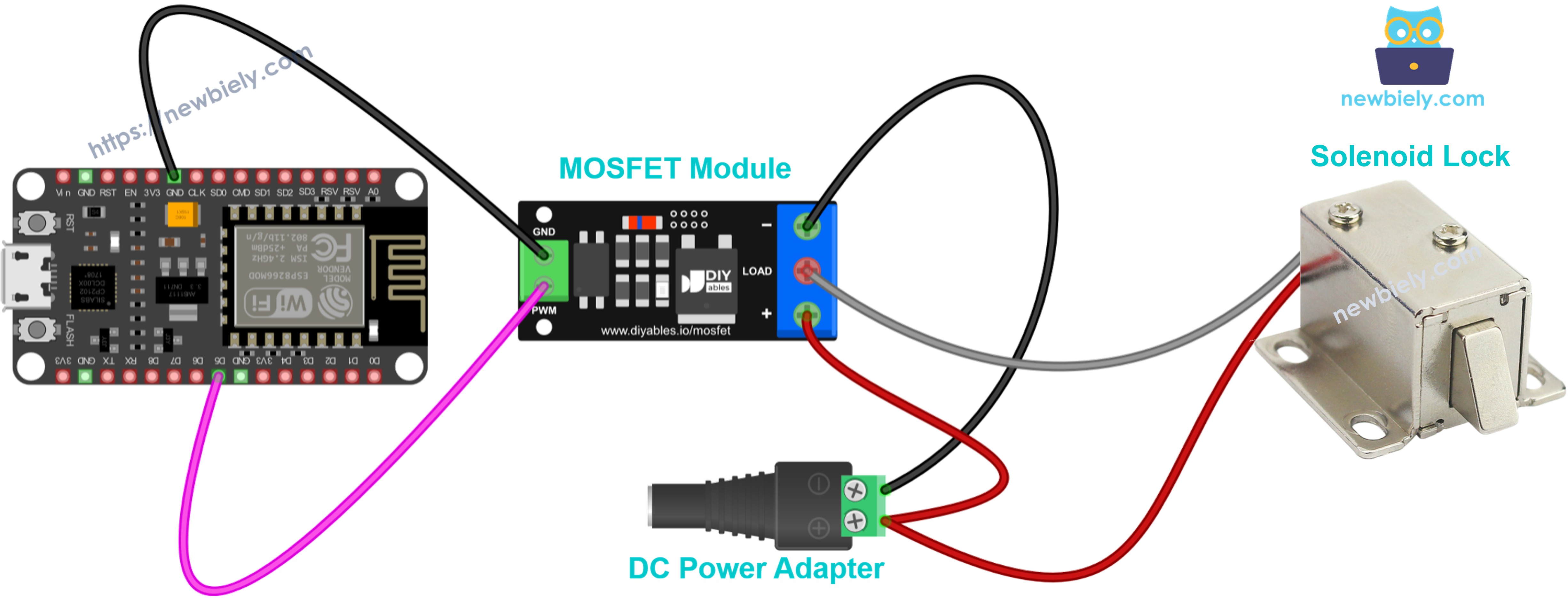 The wiring diagram between MOSFET module 12V solenoid lock