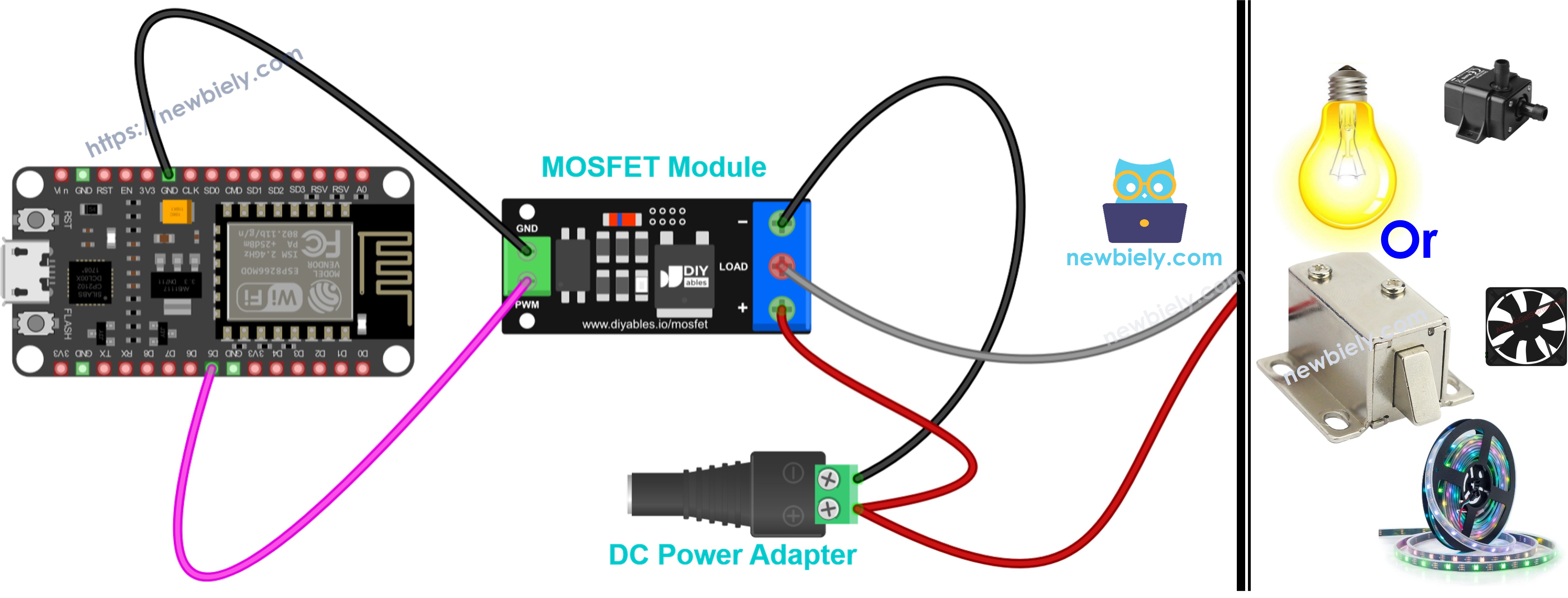 The wiring diagram between ESP8266 NodeMCU and NodeMCU with AOD4184, LR7843 or FR120N MOSFET module