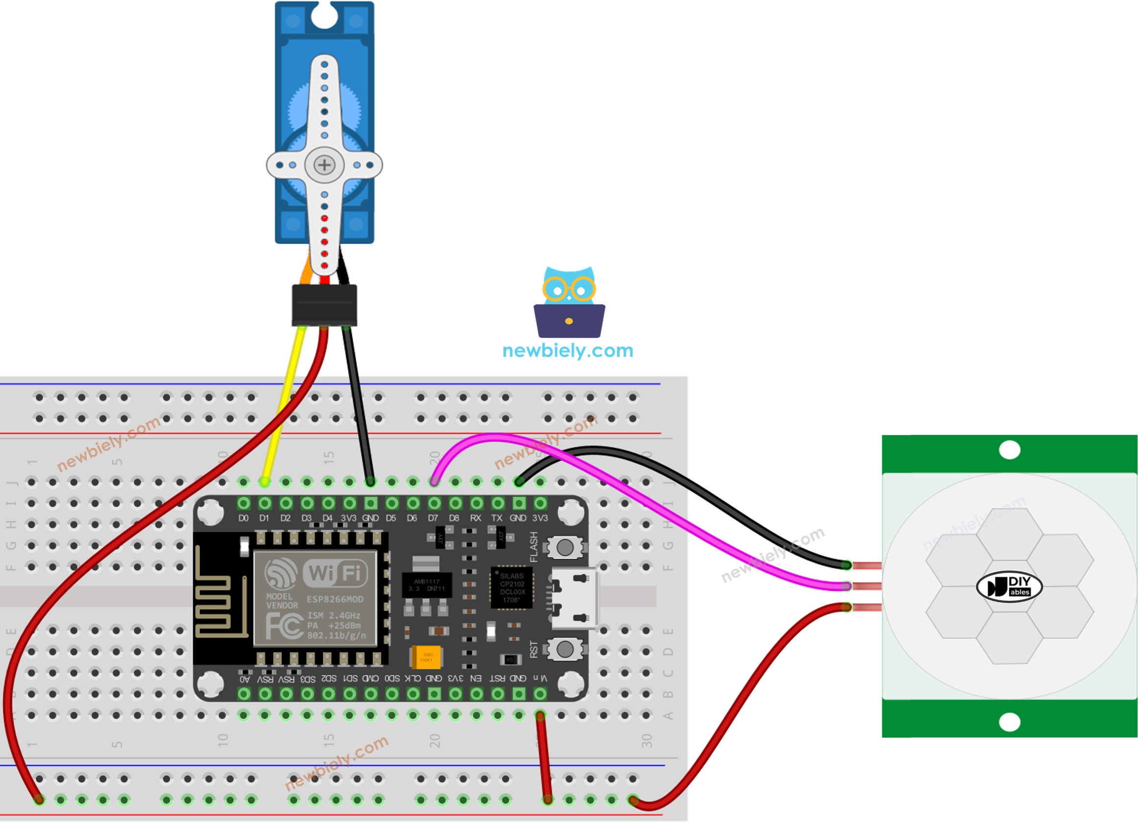 The wiring diagram between ESP8266 NodeMCU and Motion Sensor Servo Motor