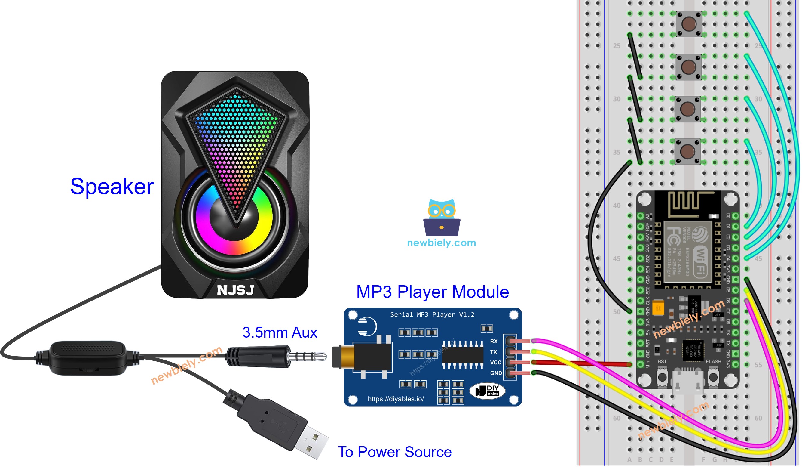 The wiring diagram between ESP8266 NodeMCU and MP3 player speaker