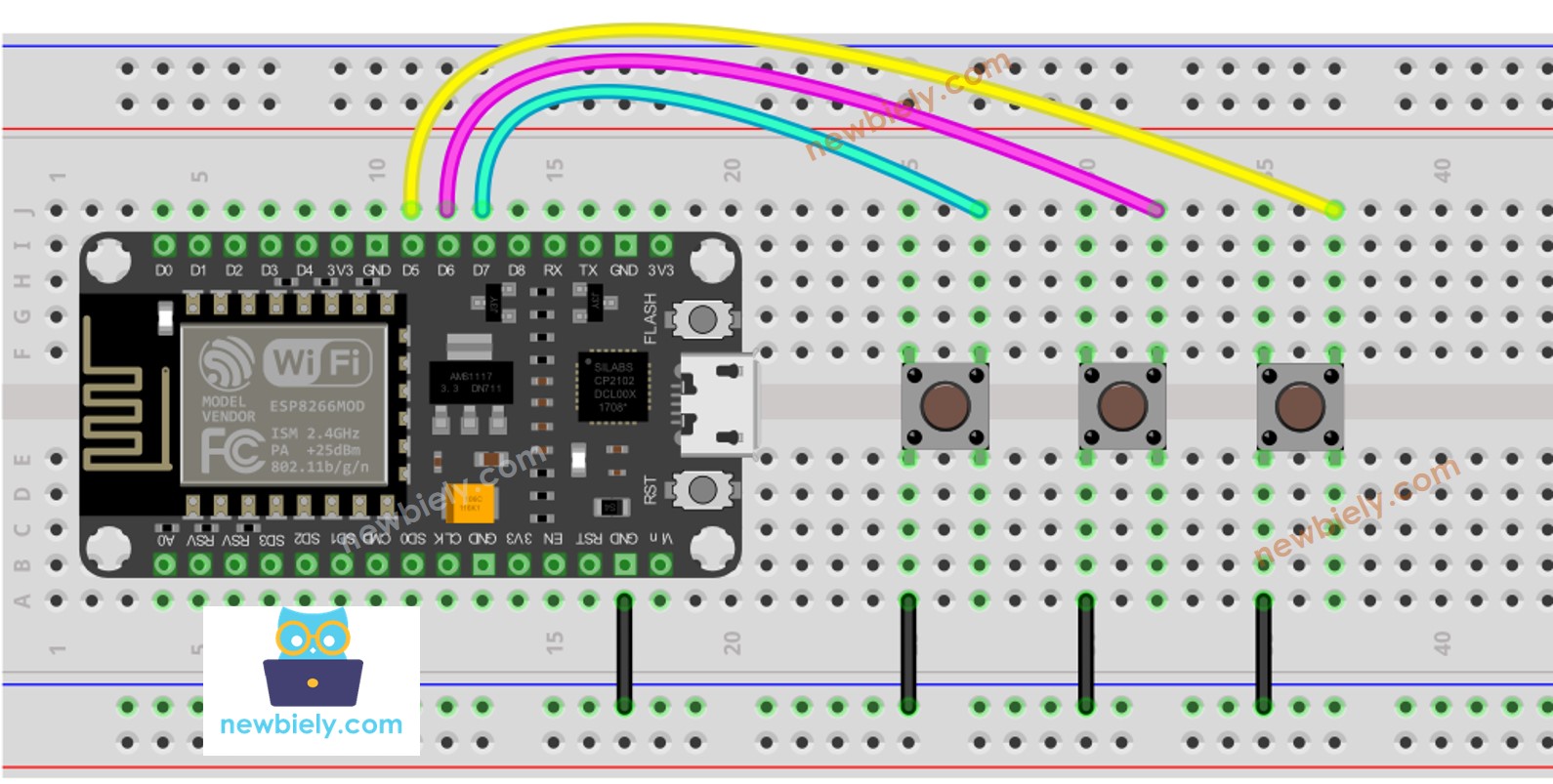 The wiring diagram between ESP8266 NodeMCU and Button Library