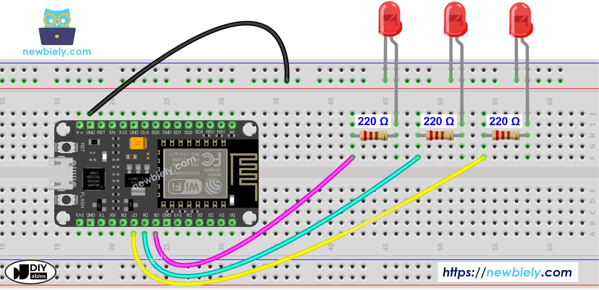 The wiring diagram between ESP8266 NodeMCU and multiple LED