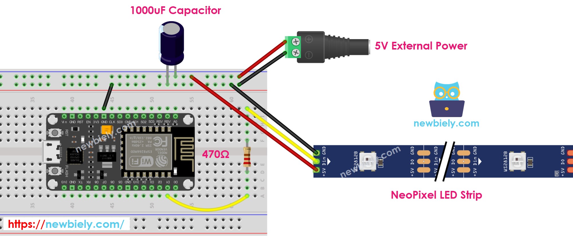The wiring diagram between ESP8266 NodeMCU and NeoPixel RGB LED strip