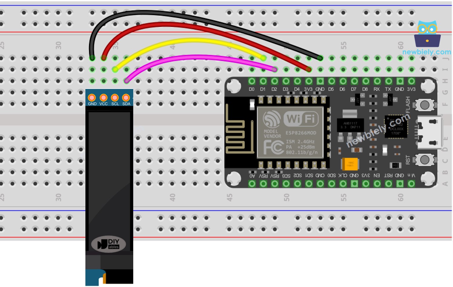 The wiring diagram between ESP8266 NodeMCU and OLED 128x64