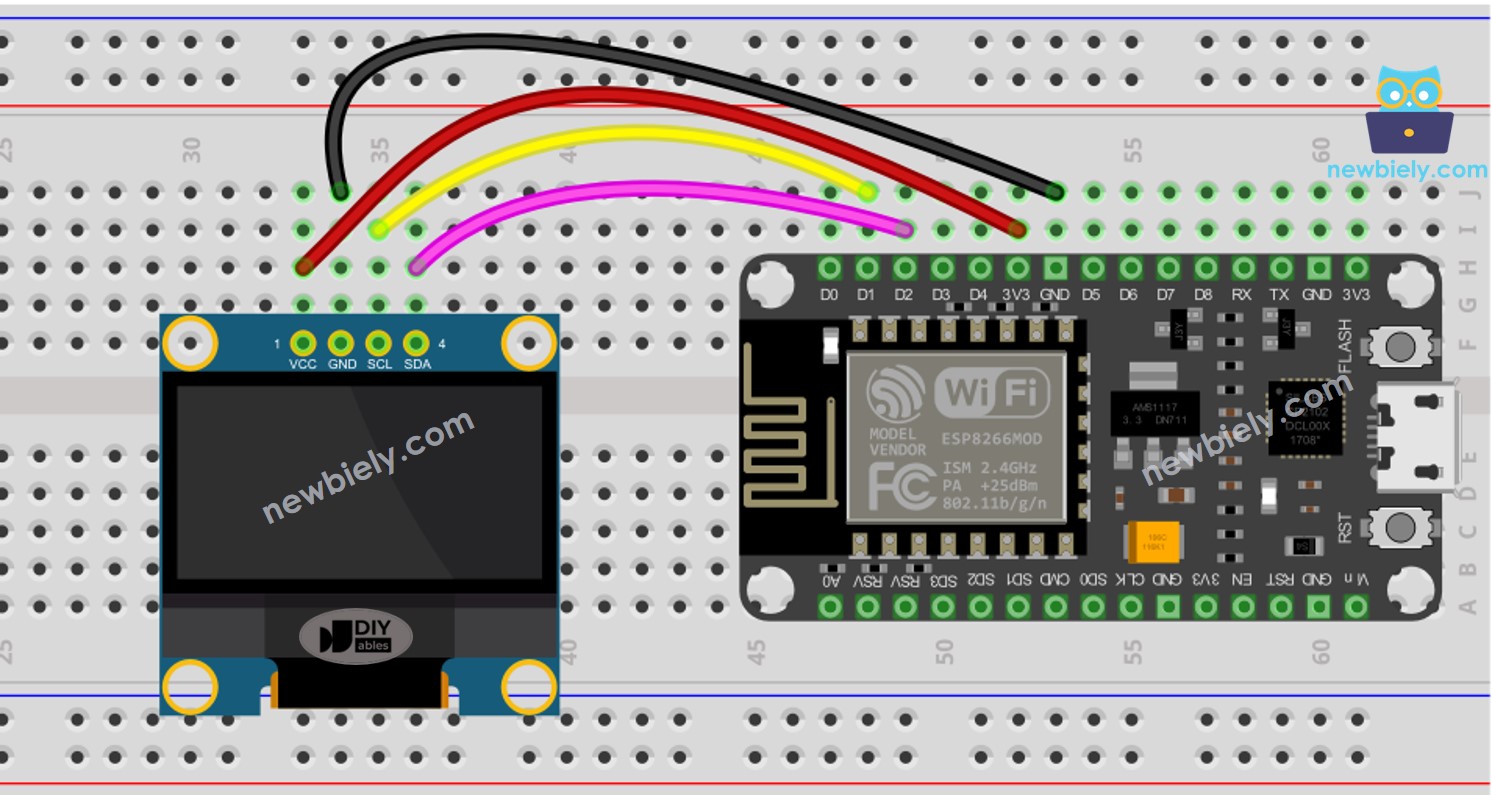 The wiring diagram between ESP8266 NodeMCU and OLED