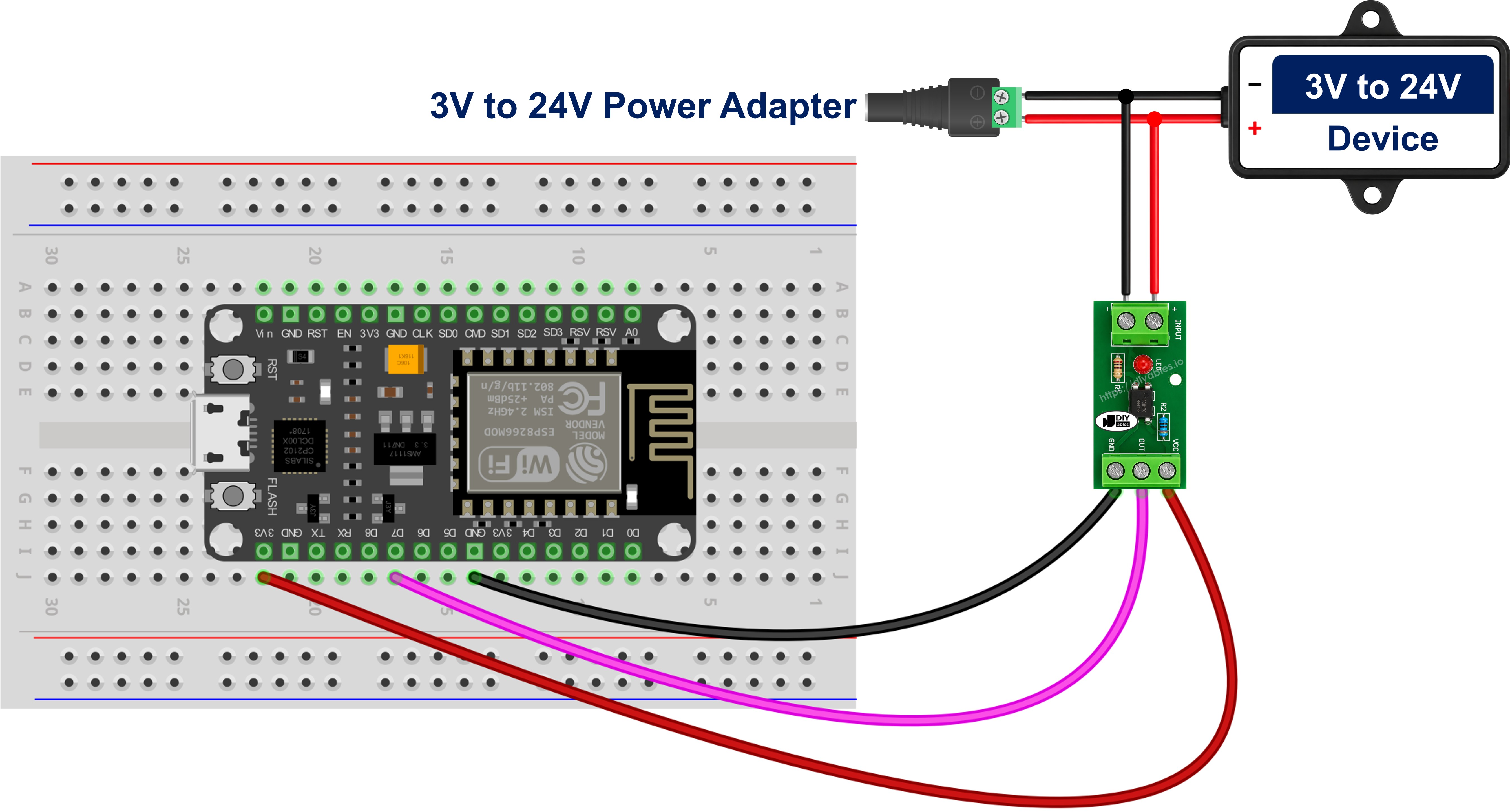 The wiring diagram between ESP8266 NodeMCU and PC817 optocoupler isolation module