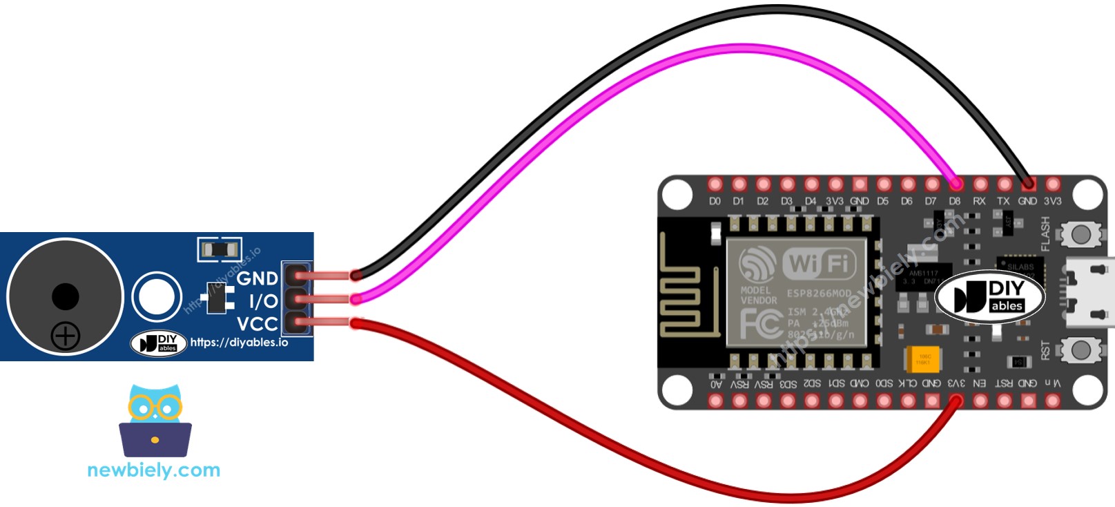 The wiring diagram between ESP8266 NodeMCU and Piezo Buzzer module