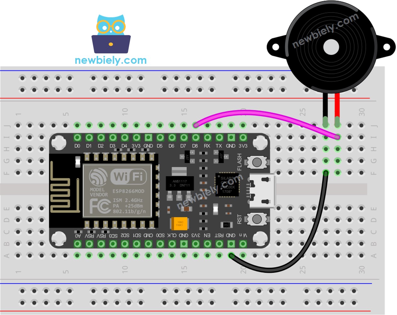 The wiring diagram between ESP8266 NodeMCU and Piezo Buzzer