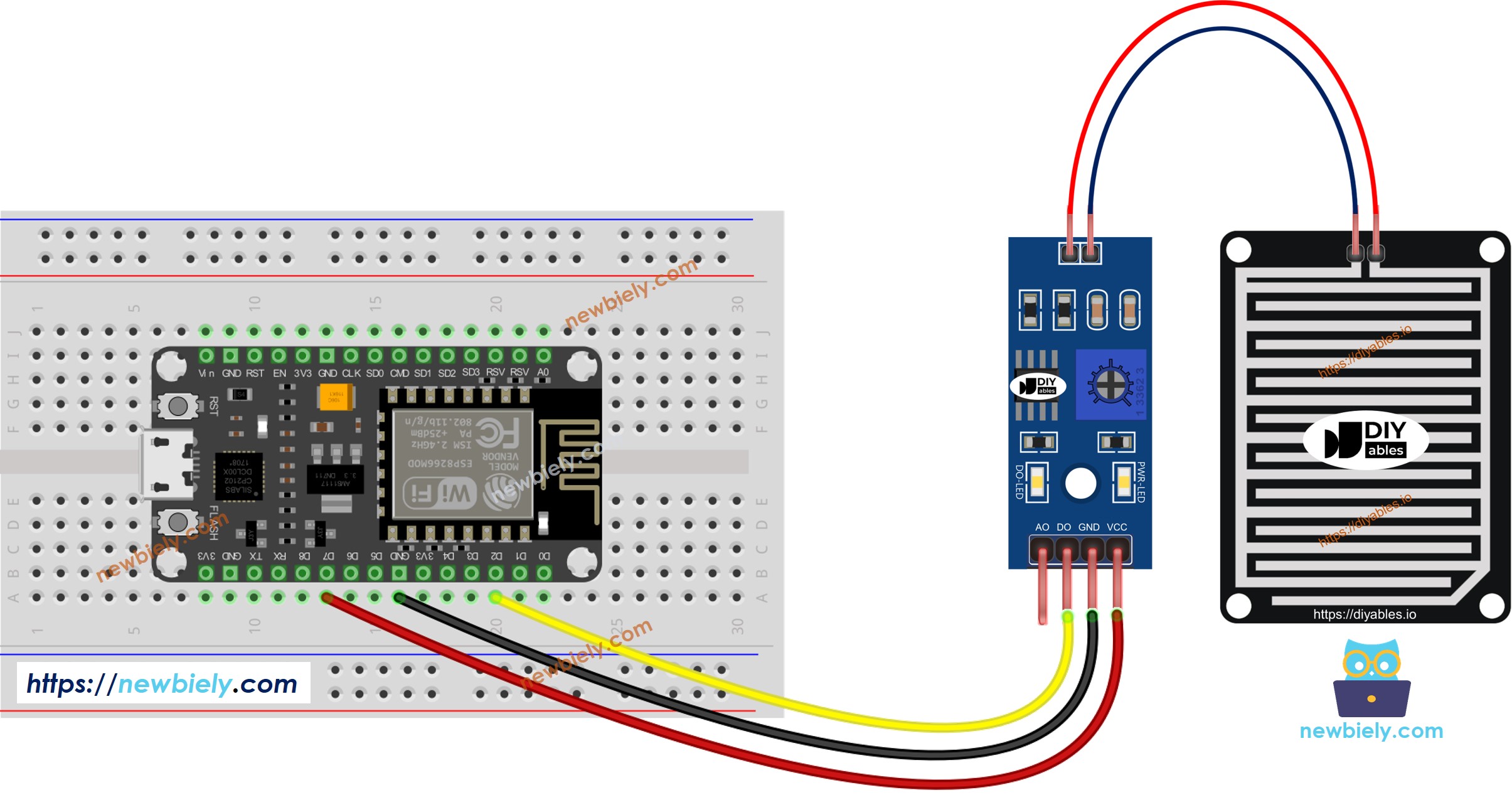 The wiring diagram between ESP8266 NodeMCU and rain sensor
