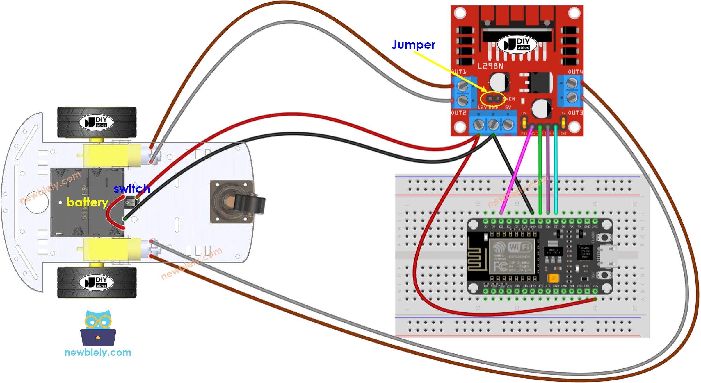 The wiring diagram between ESP8266 NodeMCU and 2WD RC Car