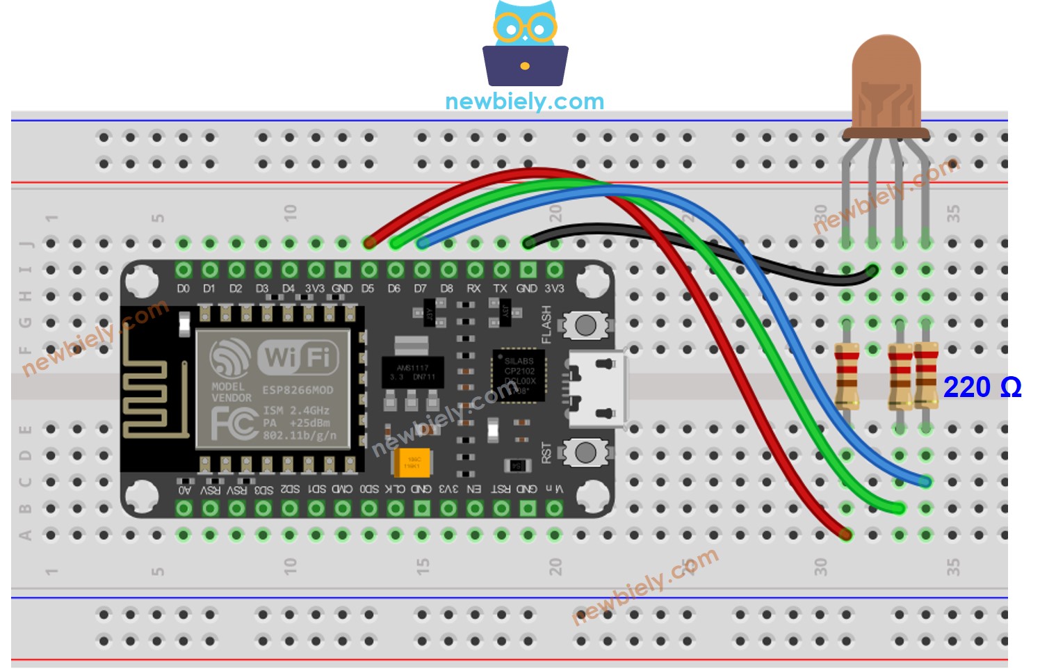The wiring diagram between ESP8266 NodeMCU and RGB LED