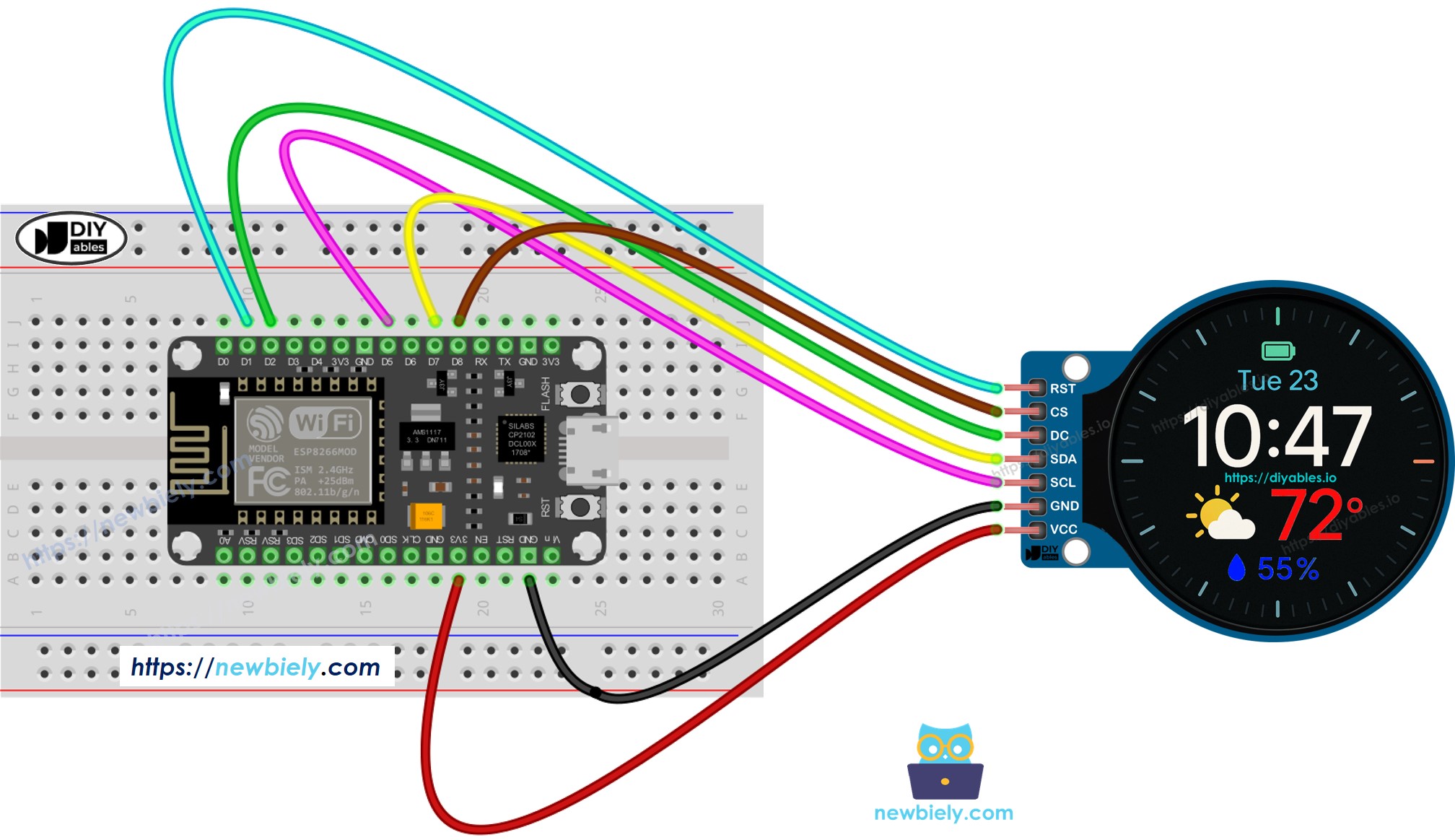 The wiring diagram between ESP8266 NodeMCU and 1.28 Inch Round Circular TFT LCD Display Screen