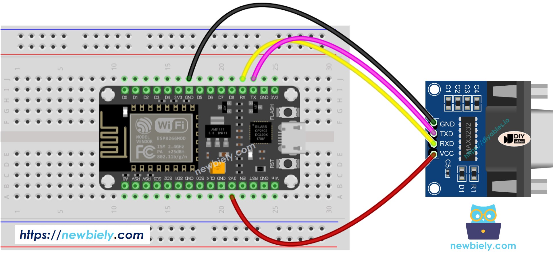 The wiring diagram between ESP8266 NodeMCU and TTL to RS232