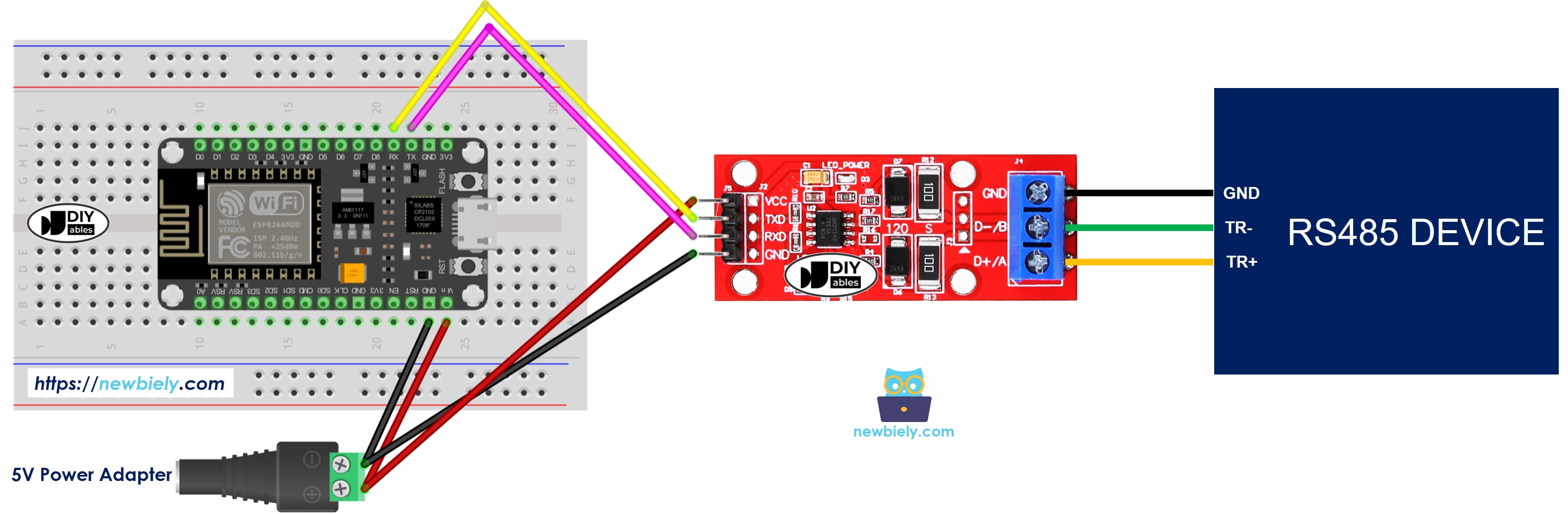 The wiring diagram between ESP8266 NodeMCU and TTL to RS485