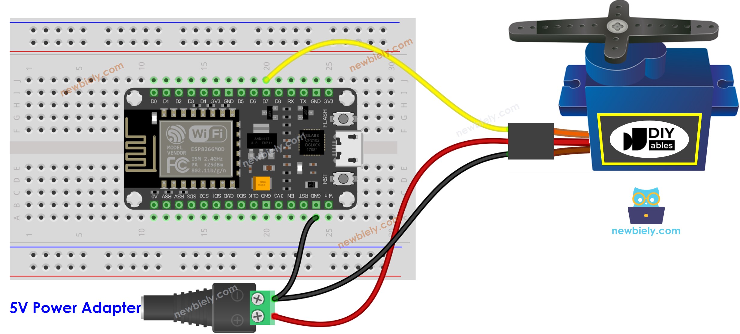 The wiring diagram between ESP8266 NodeMCU and servo motor external power supply