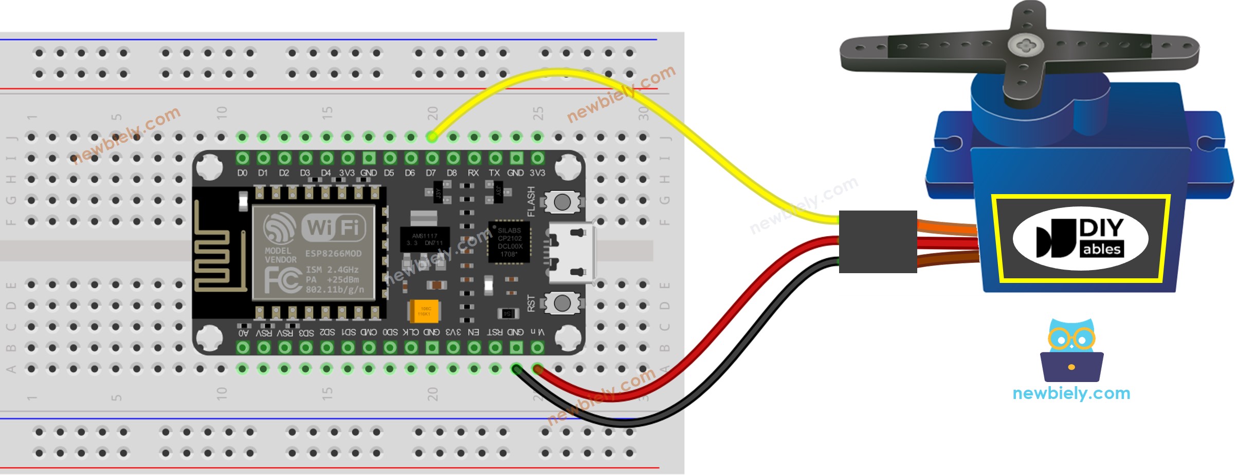 The wiring diagram between ESP8266 NodeMCU and Servo Motor