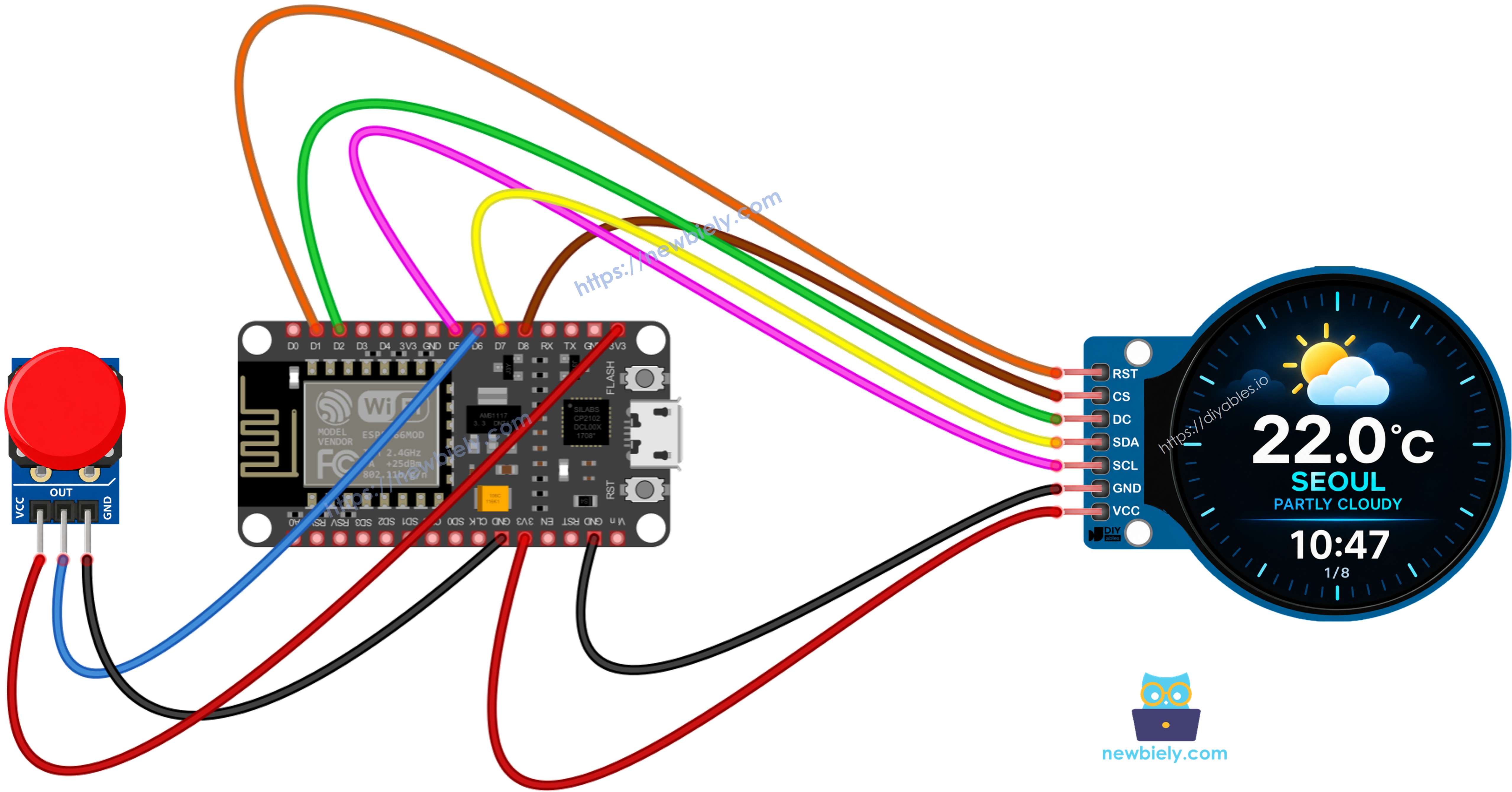 The wiring diagram between ESP8266 NodeMCU and smart weather station  with button module