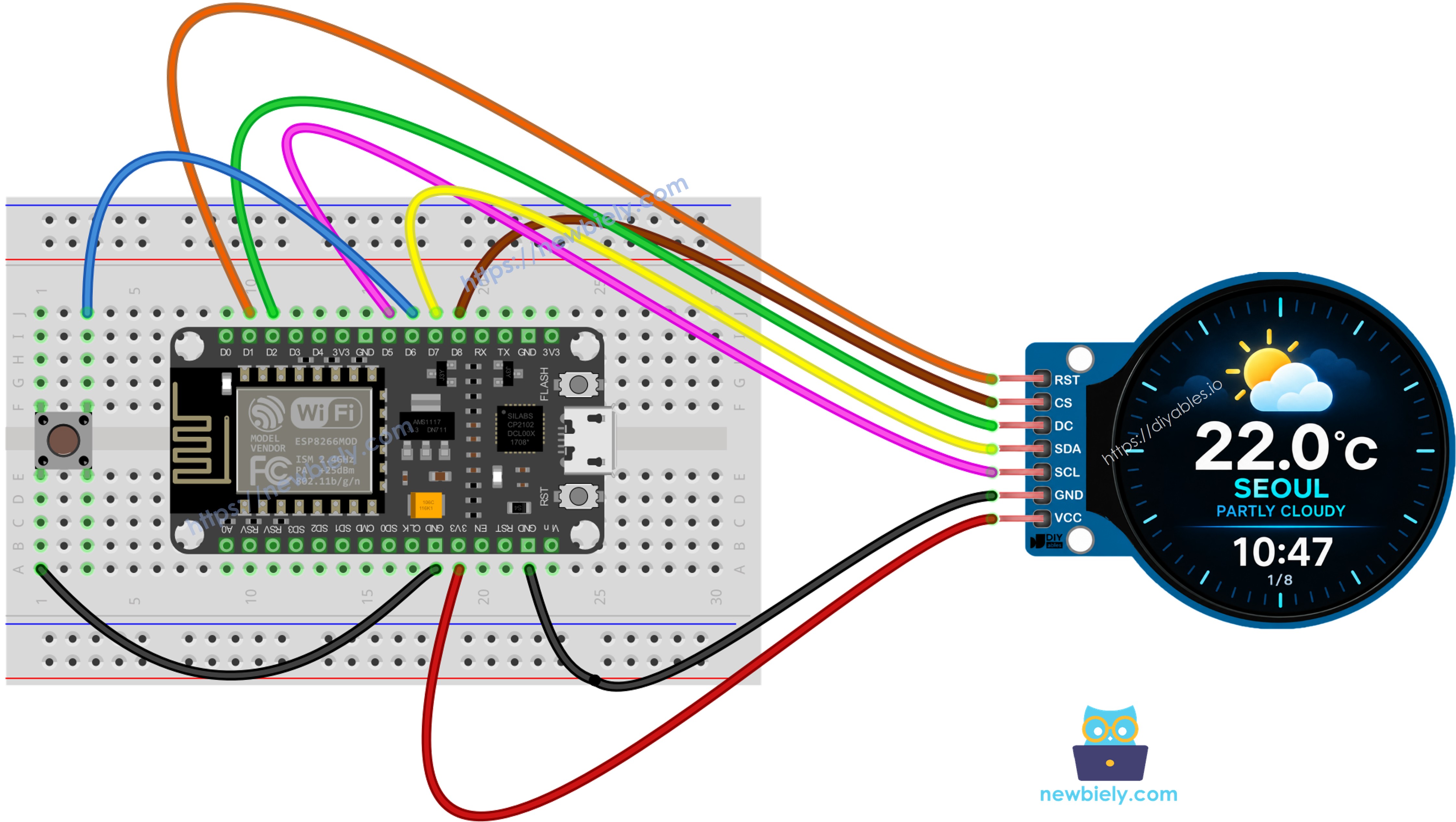 The wiring diagram between ESP8266 NodeMCU and smart weather station  with push button