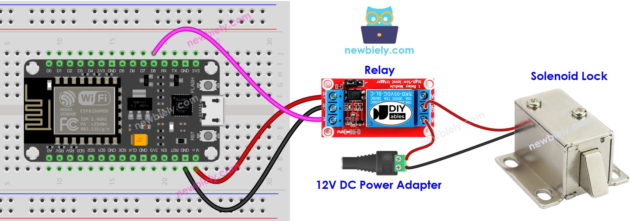 The wiring diagram between ESP8266 NodeMCU and Solenoid Lock