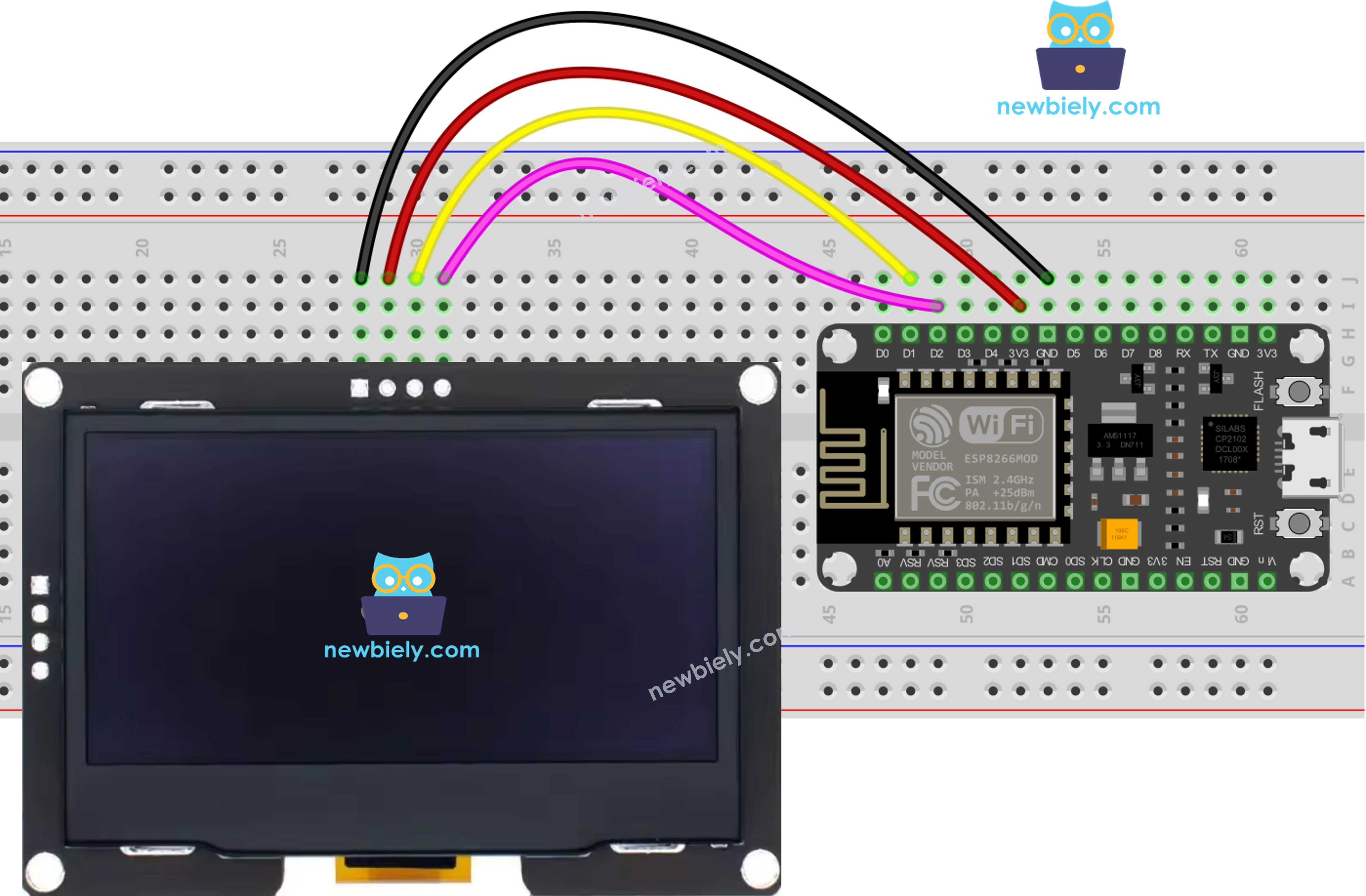 The wiring diagram between ESP8266 NodeMCU and SSD1309 OLED
