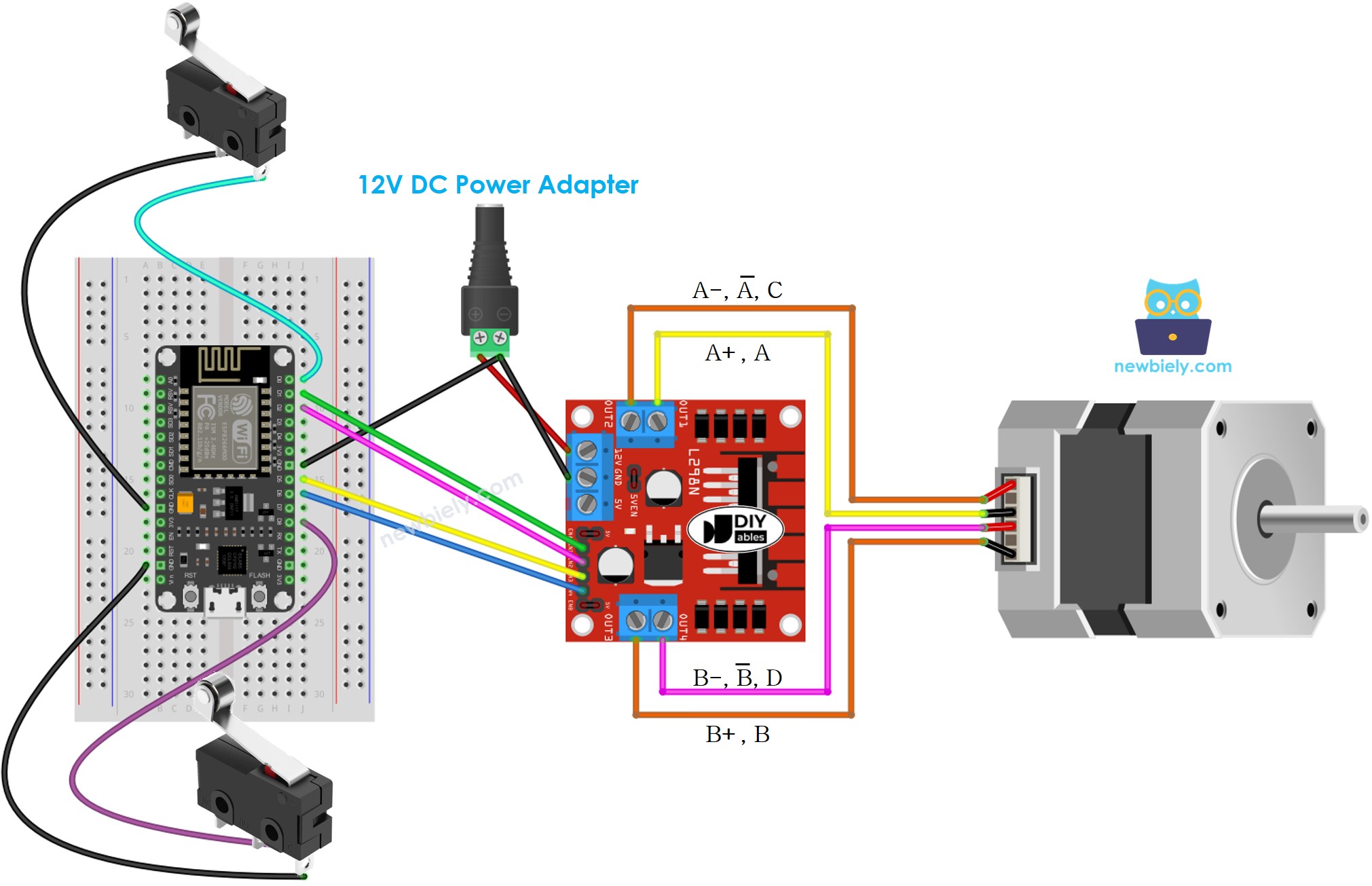The wiring diagram between ESP8266 NodeMCU and stepper motor and two limit switches