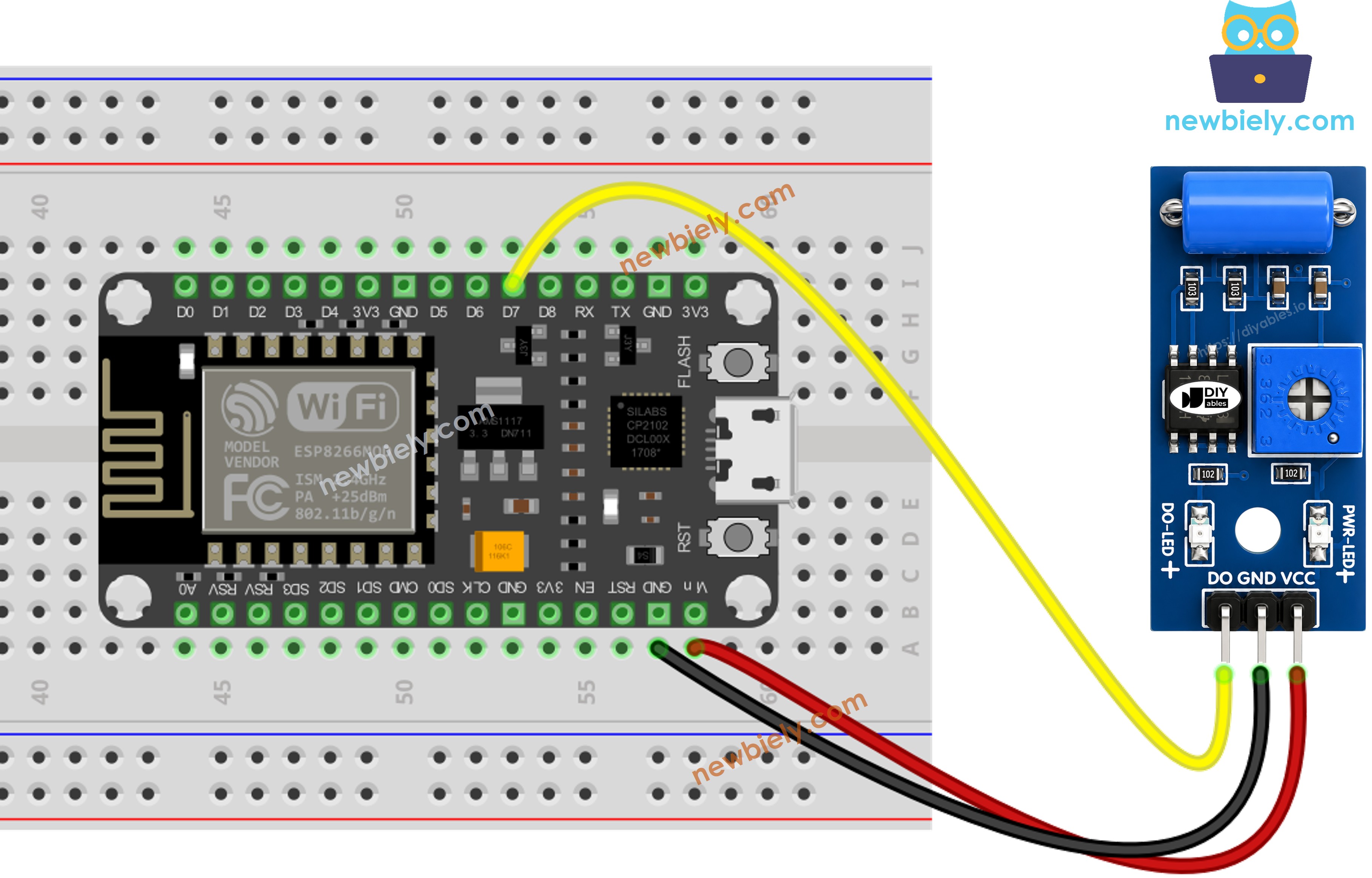The wiring diagram between ESP8266 NodeMCU and SW-420 Vibration Sensor