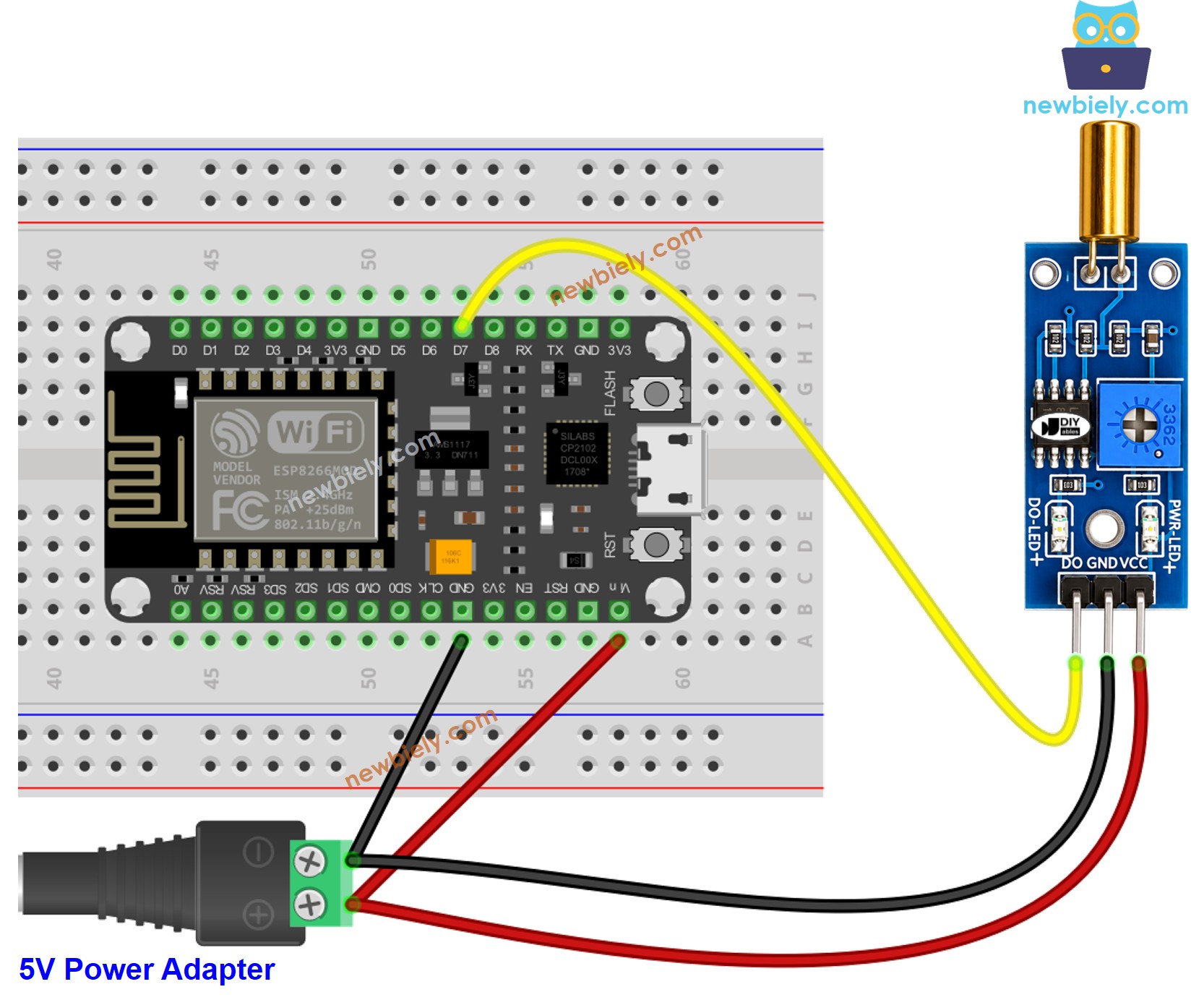 The wiring diagram between ESP8266 NodeMCU and SW520D Tilt Sensor Vin