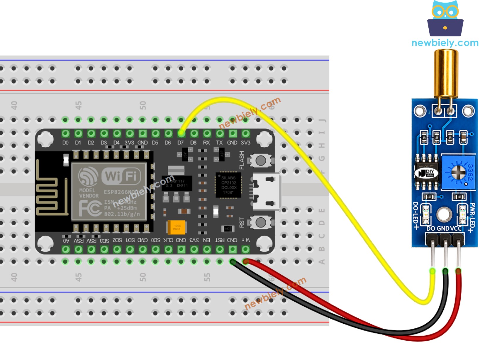 The wiring diagram between ESP8266 NodeMCU and SW520D Tilt Sensor