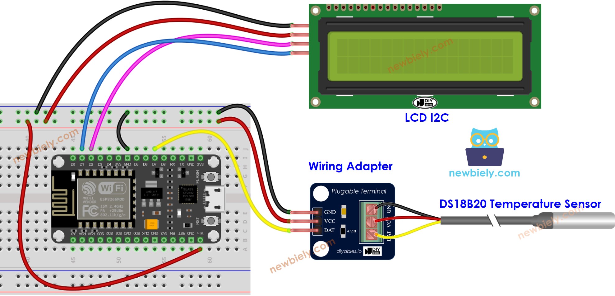 The wiring diagram between ESP8266 NodeMCU and Temperature Sensor LCD