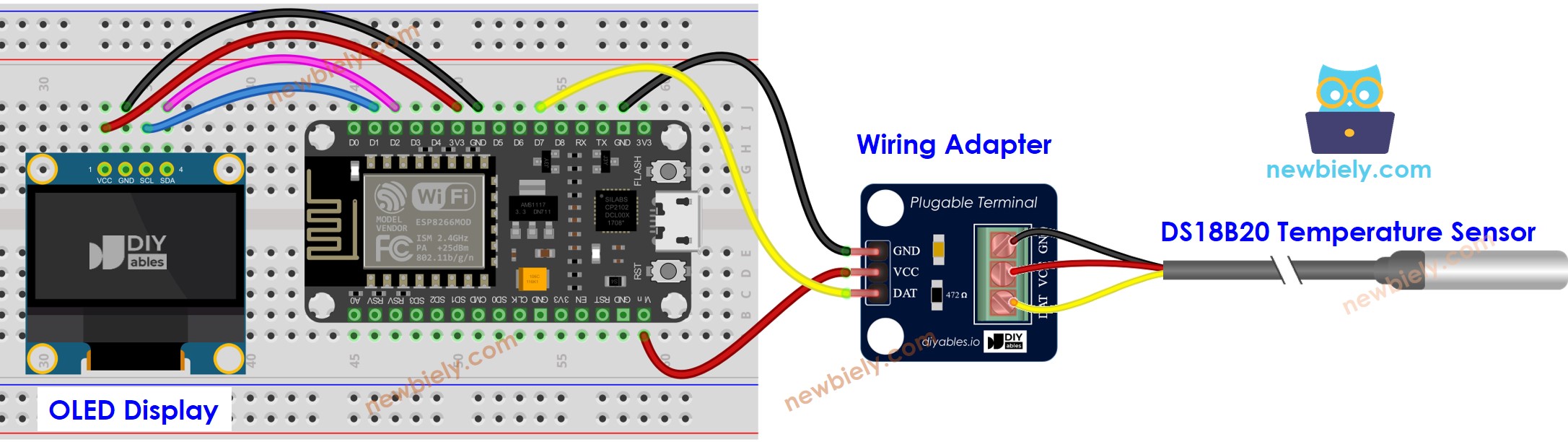 The wiring diagram between ESP8266 NodeMCU and DS18B20 Temperature Sensor OLED