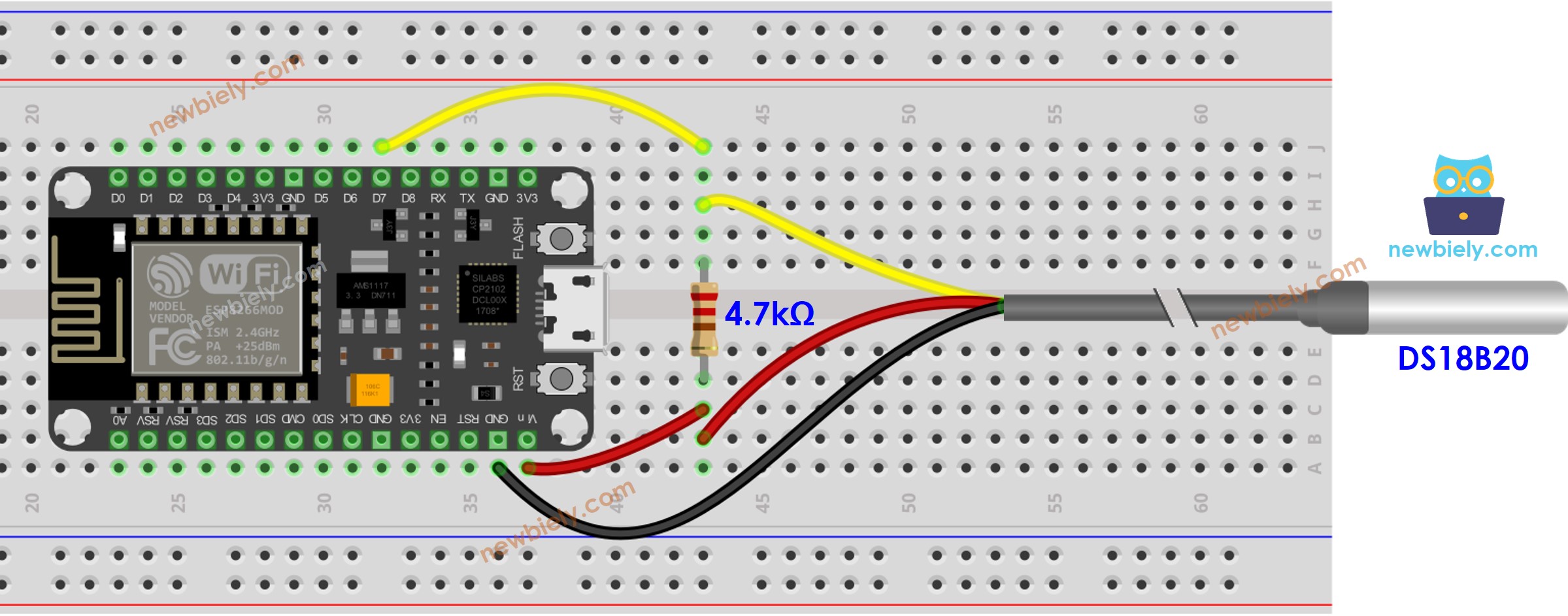 The wiring diagram between ESP8266 NodeMCU and temperature sensor