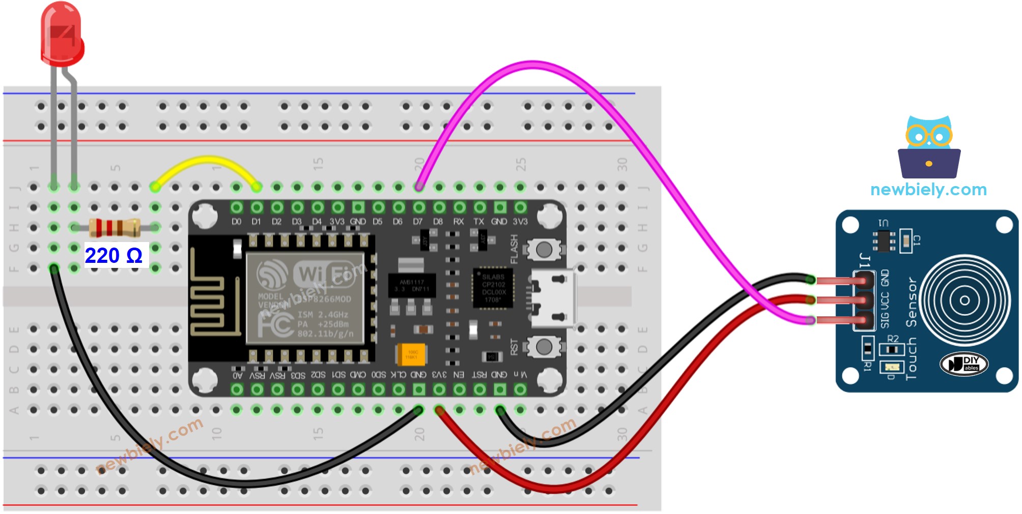 The wiring diagram between ESP8266 NodeMCU and Touch Sensor LED