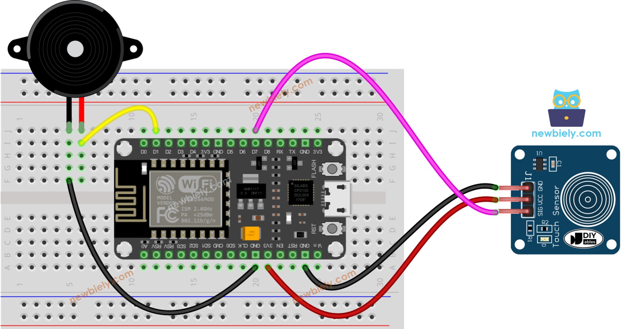 The wiring diagram between ESP8266 NodeMCU and Touch Sensor Piezo Buzzer