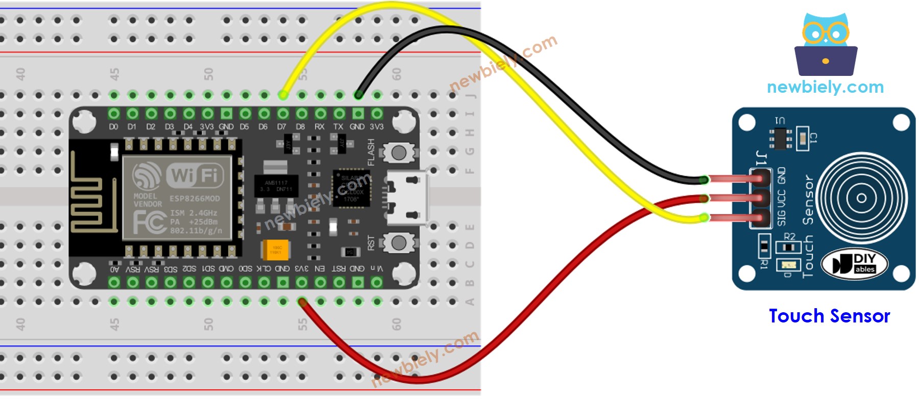 The wiring diagram between ESP8266 NodeMCU and touch sensor