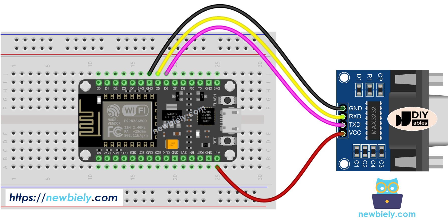 The wiring diagram between ESP8266 NodeMCU and RS232 to TTL