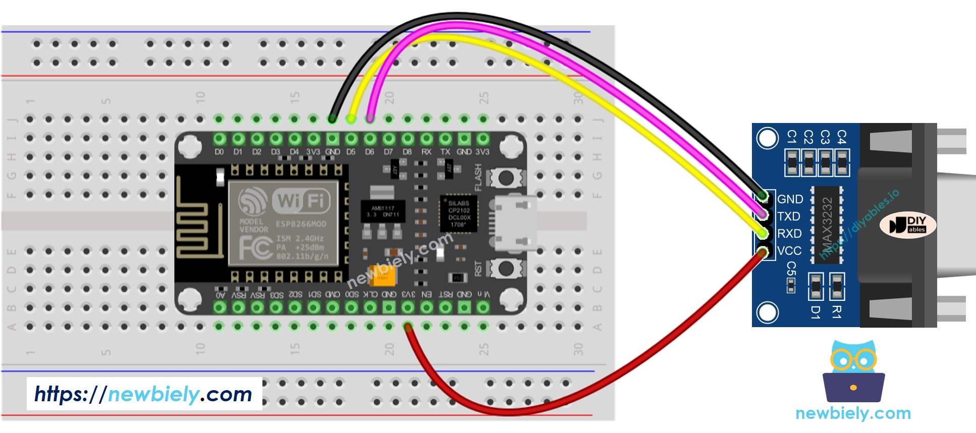 The wiring diagram between ESP8266 NodeMCU and RS232 to TTL