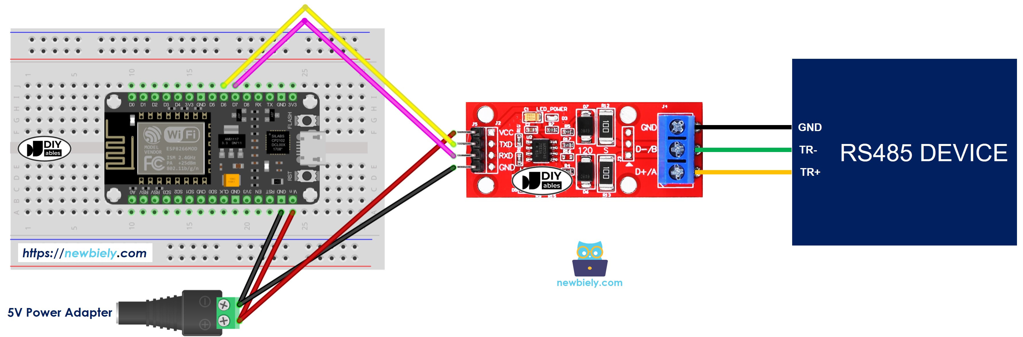 The wiring diagram between ESP8266 NodeMCU and RS-485 to TTL