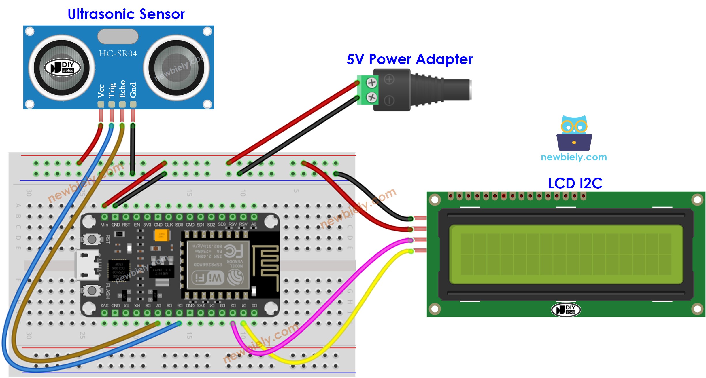 The wiring diagram between ESP8266 NodeMCU and Ultrasonic Sensor LCD Vin pin