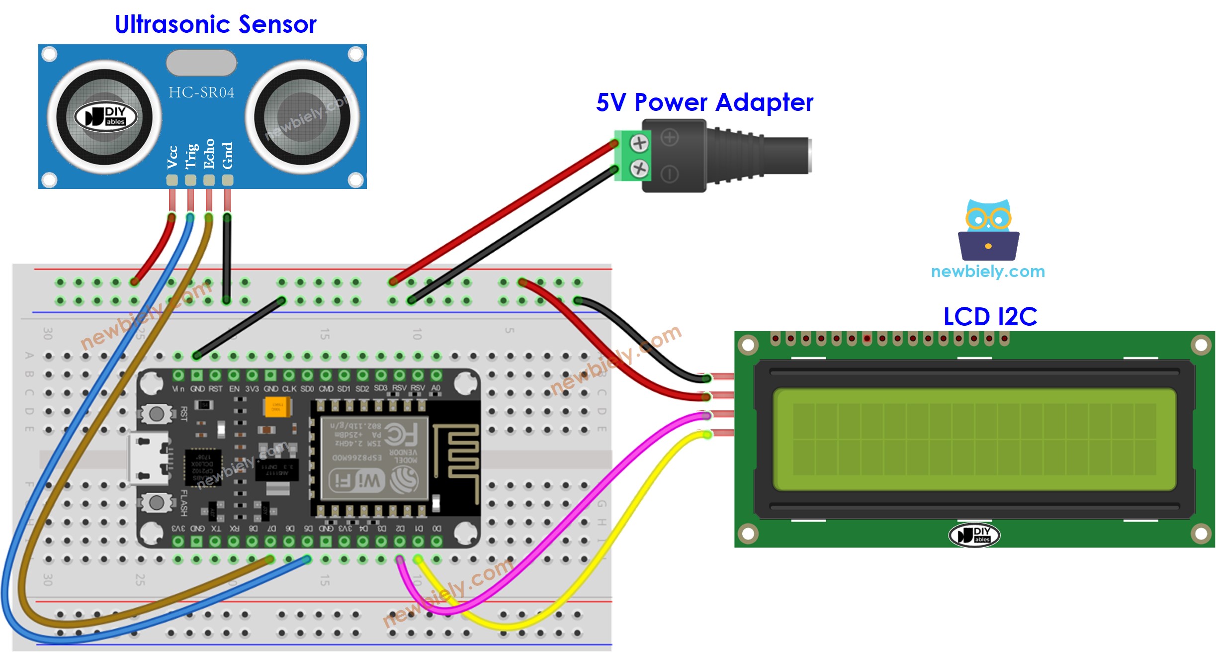 The wiring diagram between ESP8266 NodeMCU and Ultrasonic LCD
