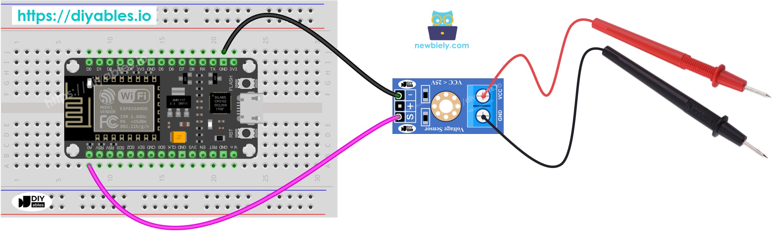 The wiring diagram between ESP8266 NodeMCU and voltage sensor