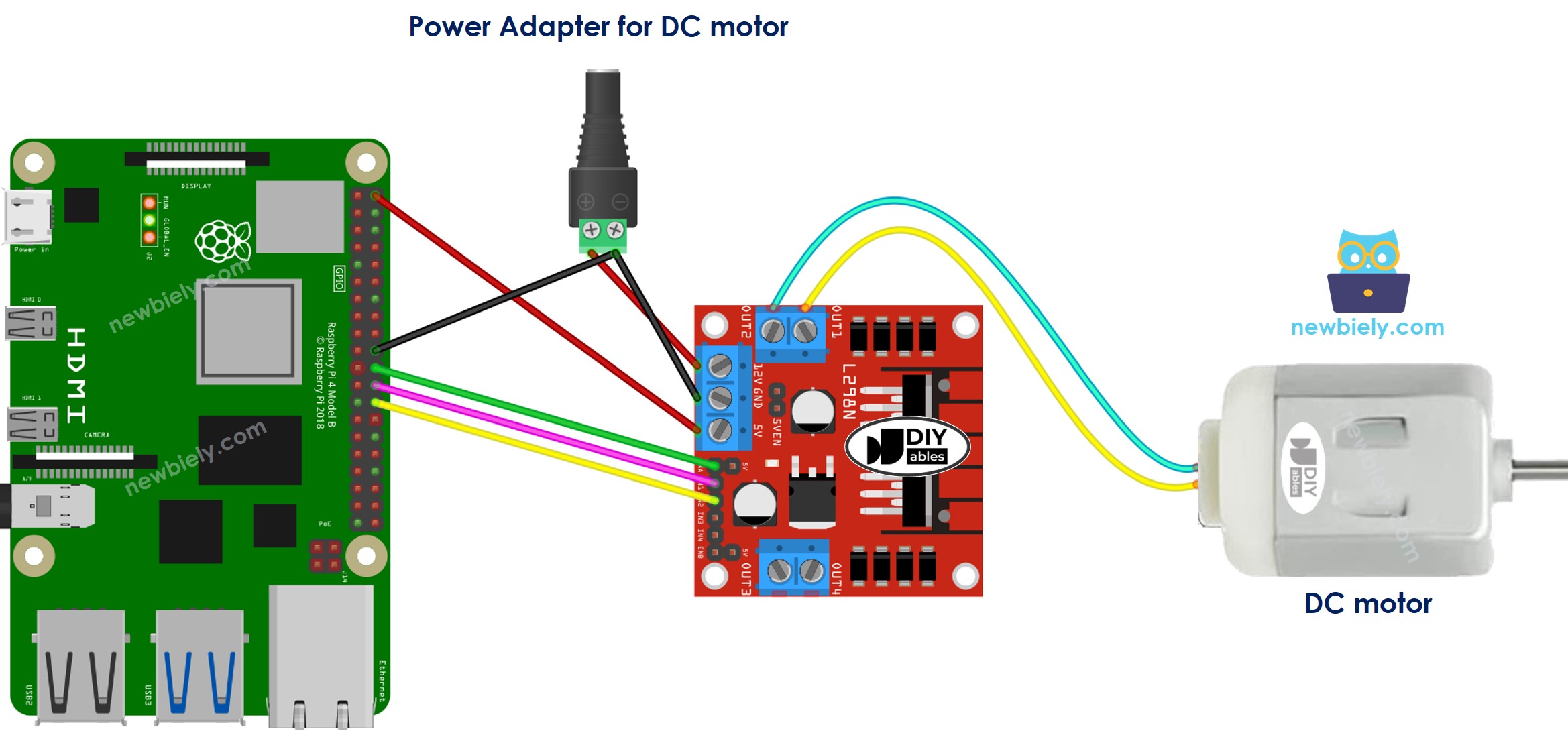 The wiring diagram between Raspberry Pi and DC Motor L298N Driver