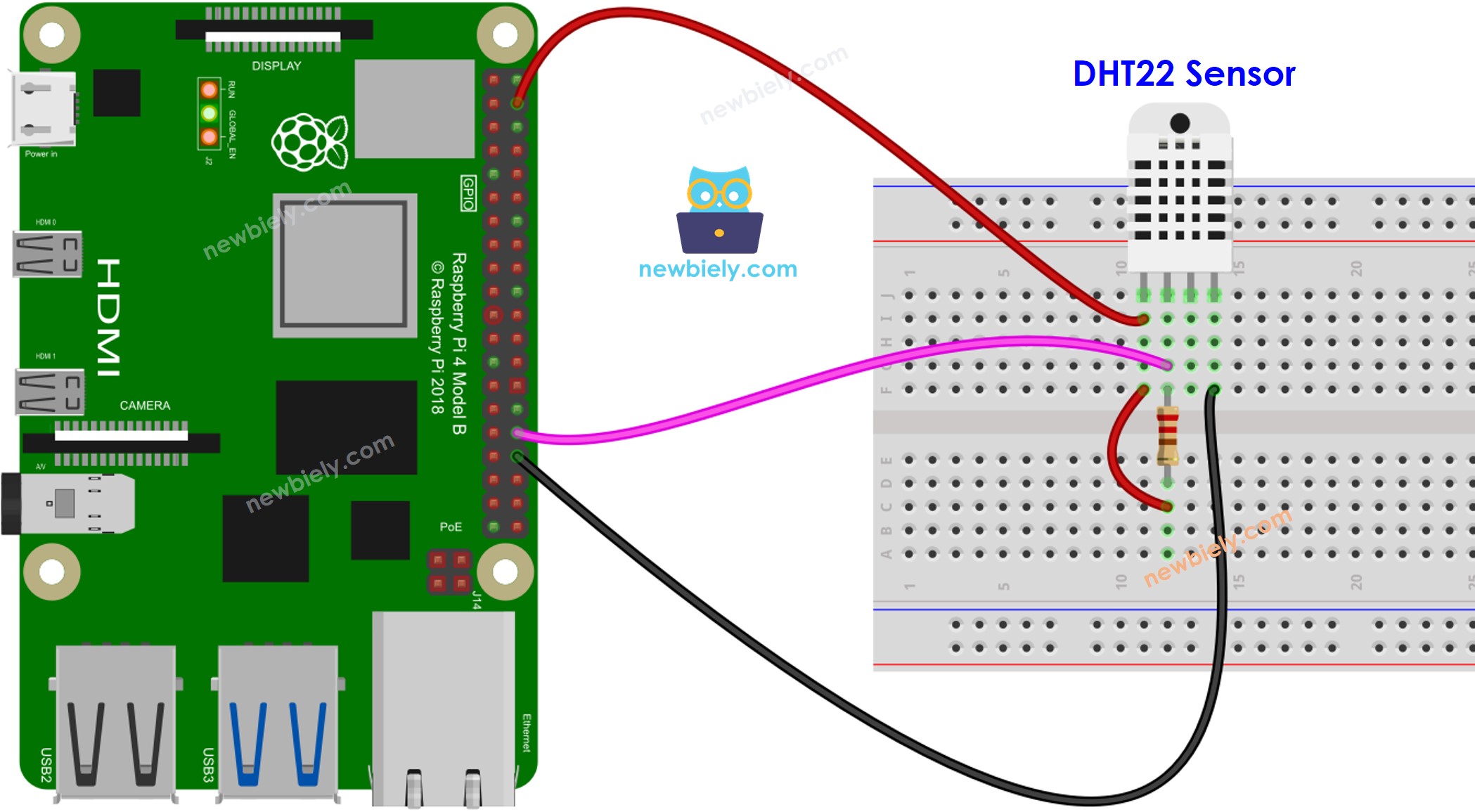 The wiring diagram between Raspberry Pi and DHT22 Temperature and humidity Sensor