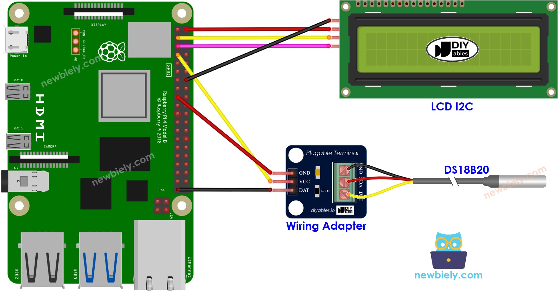 The wiring diagram between Raspberry Pi and DS18B20 Temperature Sensor LCD