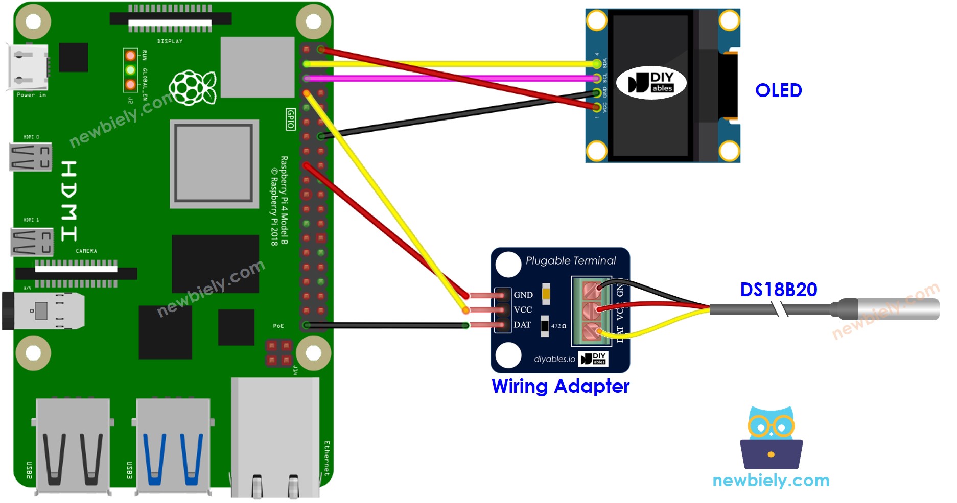 The wiring diagram between Raspberry Pi and DS18B20 Temperature Sensor OLED