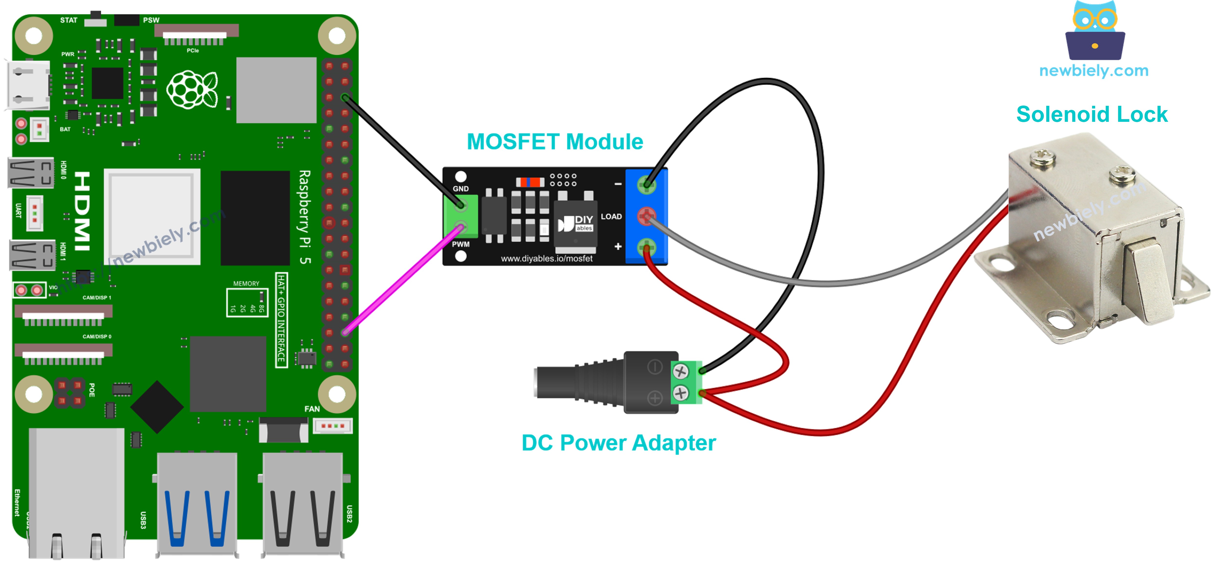 MOSFET module wiring for a 12V solenoid lock