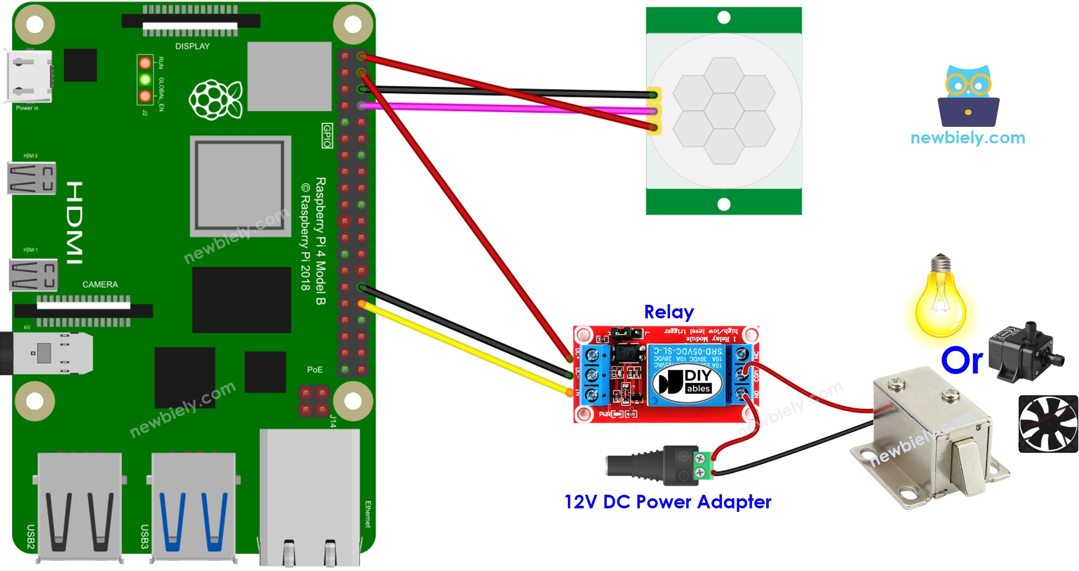 The wiring diagram between Raspberry Pi and Motion Sensor Relay