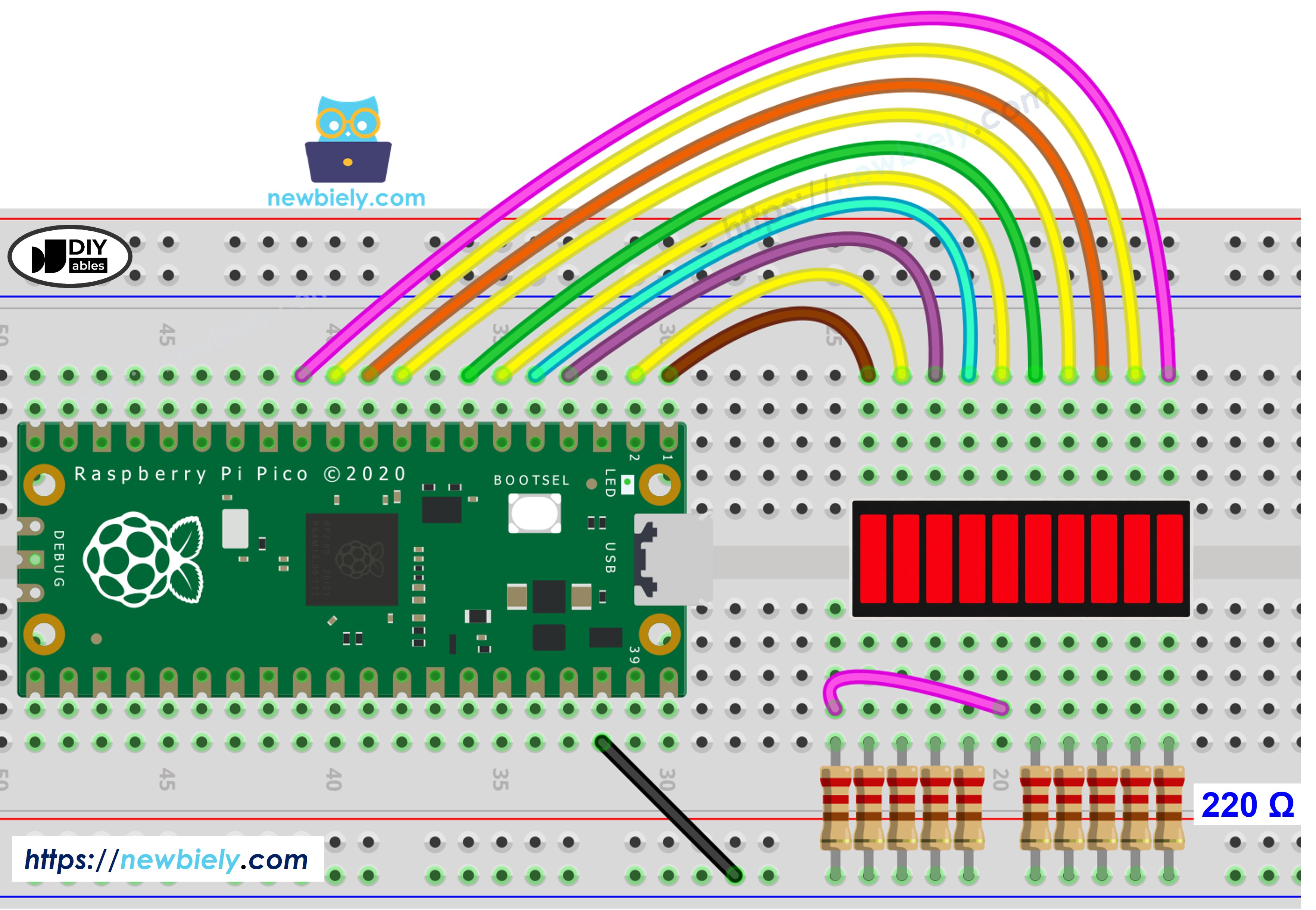 The wiring diagram between Raspberry Pi and Pico and 10 Segment LED Bar Graph
