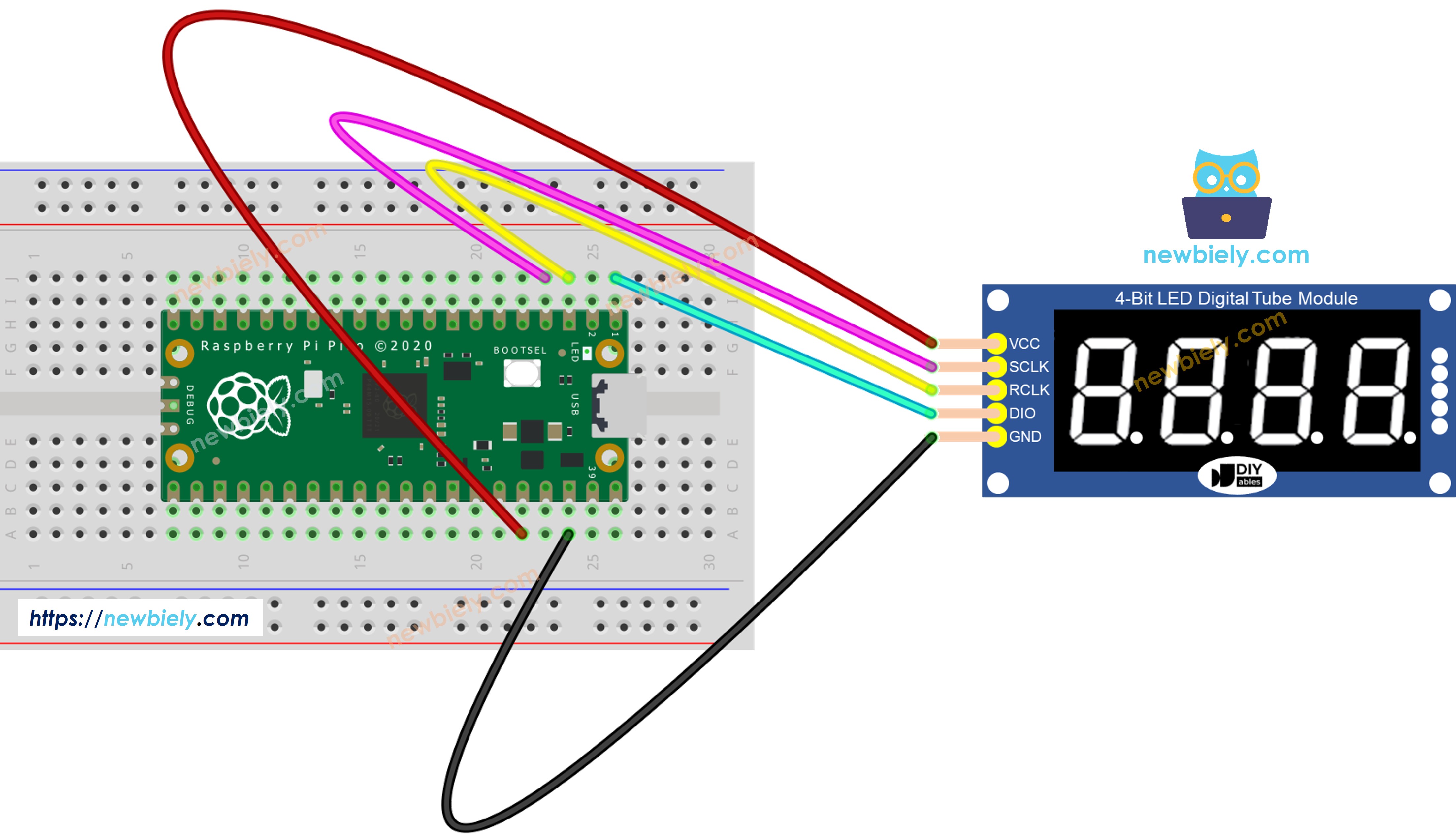 The wiring diagram between Raspberry Pi and Pico 4-Digit 7-Segment Display 74HC595